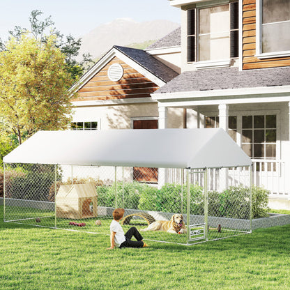 PawHut Outdoor Dog Run with Adjustable & Rotatable Bowls, Waterproof UV-Resistant Cover, Escape-Proof Lock, 19.7' x 7.5' x 7.5'