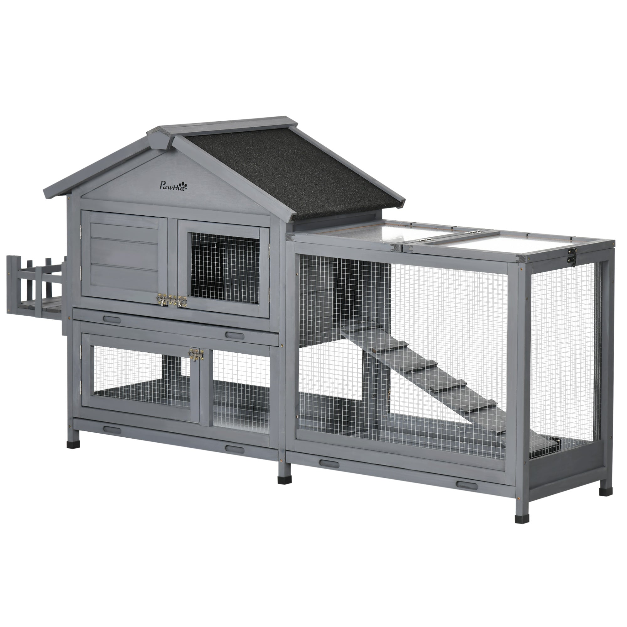 PawHut 65" Wooden Rabbit Hutch, Pet Playpen with Openable Roof, Storage Box, for Rabbits and Small Animals, Dark Grey