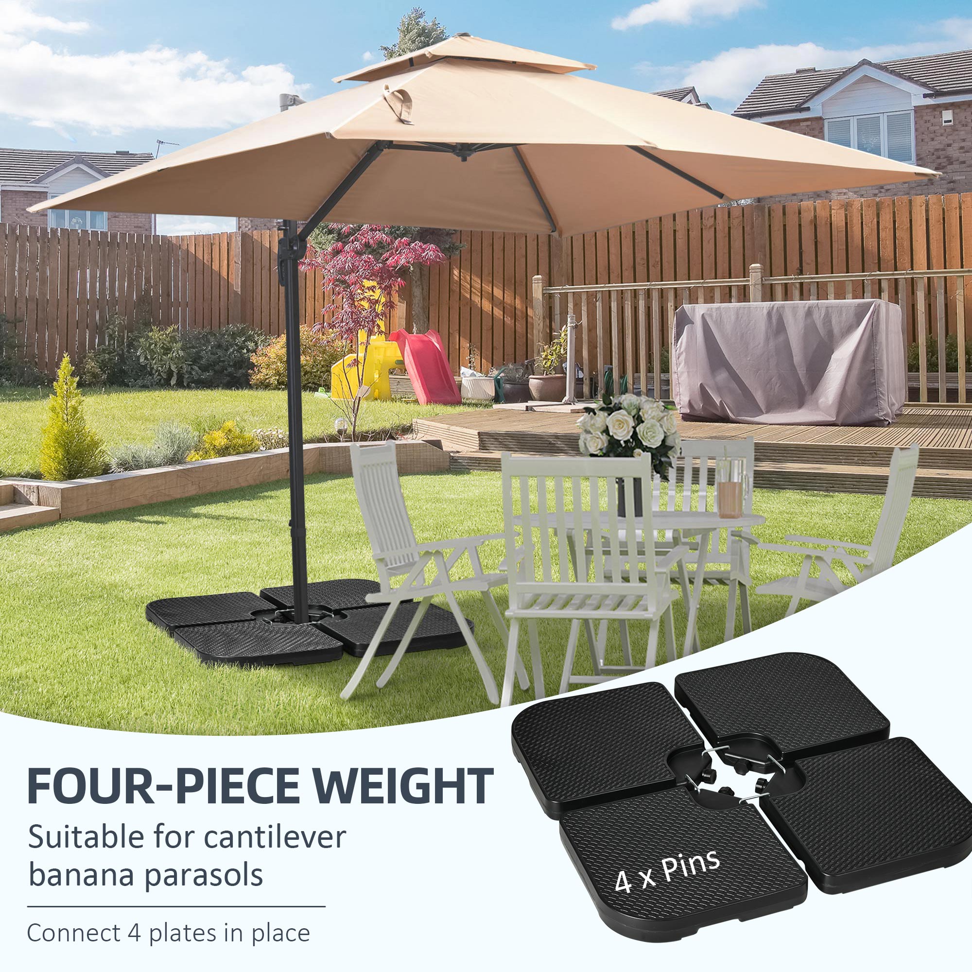 Outsunny 4PCs Cantilever Umbrella Base Weights for Offset Banana Parasol, HDPE Water or Sand Filled Patio Umbrella Weights for Cross Base Stand with Built-in Handles, Black
