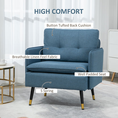 HOMCOM Modern Armchair, Upholstered Accent Chair with Tufted Back Cushion and Steel Legs for Living Room, Bedroom, Blue