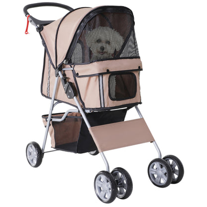 PawHut 4 Wheel Dog Pet Stroller Dog Cat Carrier Folding Sunshade Canopy with Brake, Brown