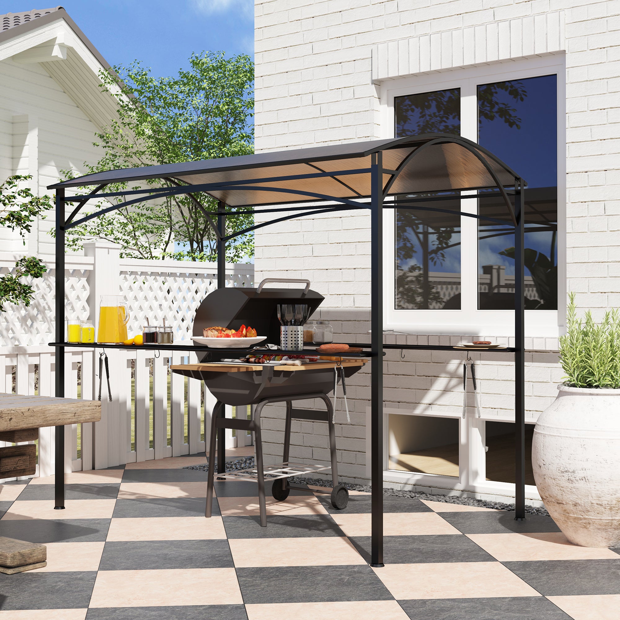 Outsunny 8' x 5' Hardtop Grill Gazebo, Outdoor BBQ Gazebo with PC Board Roof, BBQ Canopy Gazebo with 2 Side Shelves and 10 Hooks