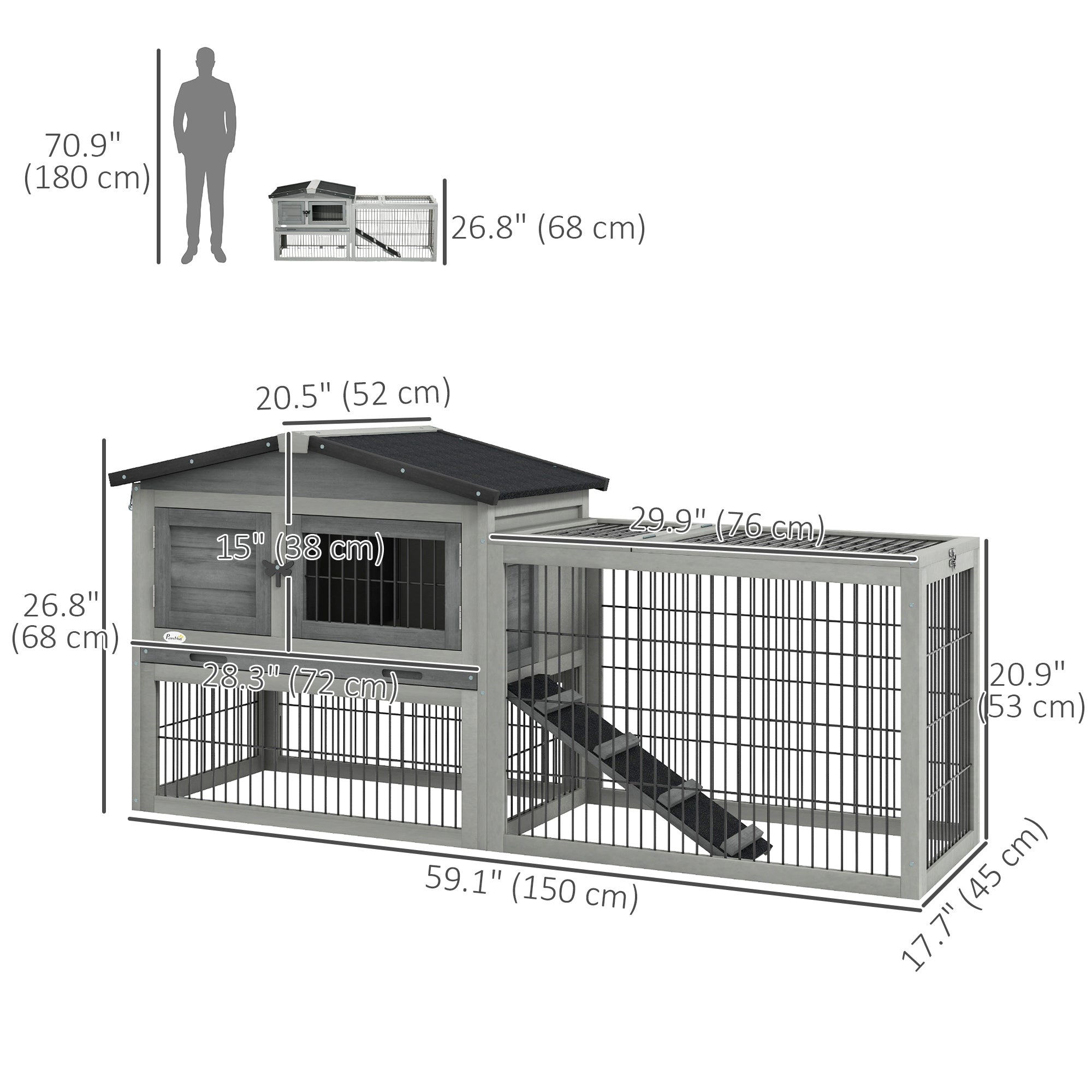 PawHut Wood Rabbit Hutch w/ Ramp, Openable Roof, Pull-out Tray, Light Grey