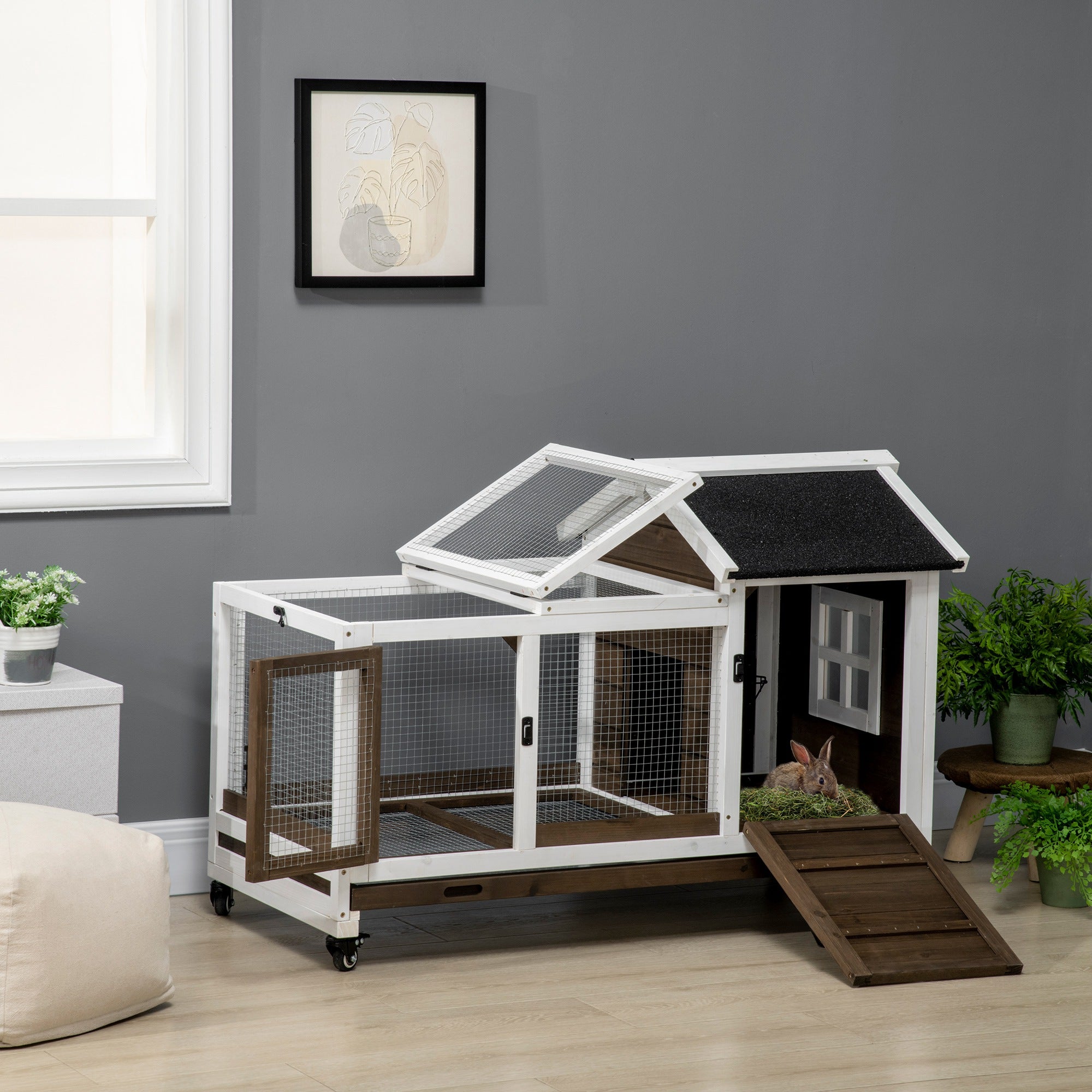 PawHut Rabbit Cage with Wheels, Ramp, Run, Tray for Indoor Outdoor, Suitable for Rabbit, Guinea Pig, Coffee