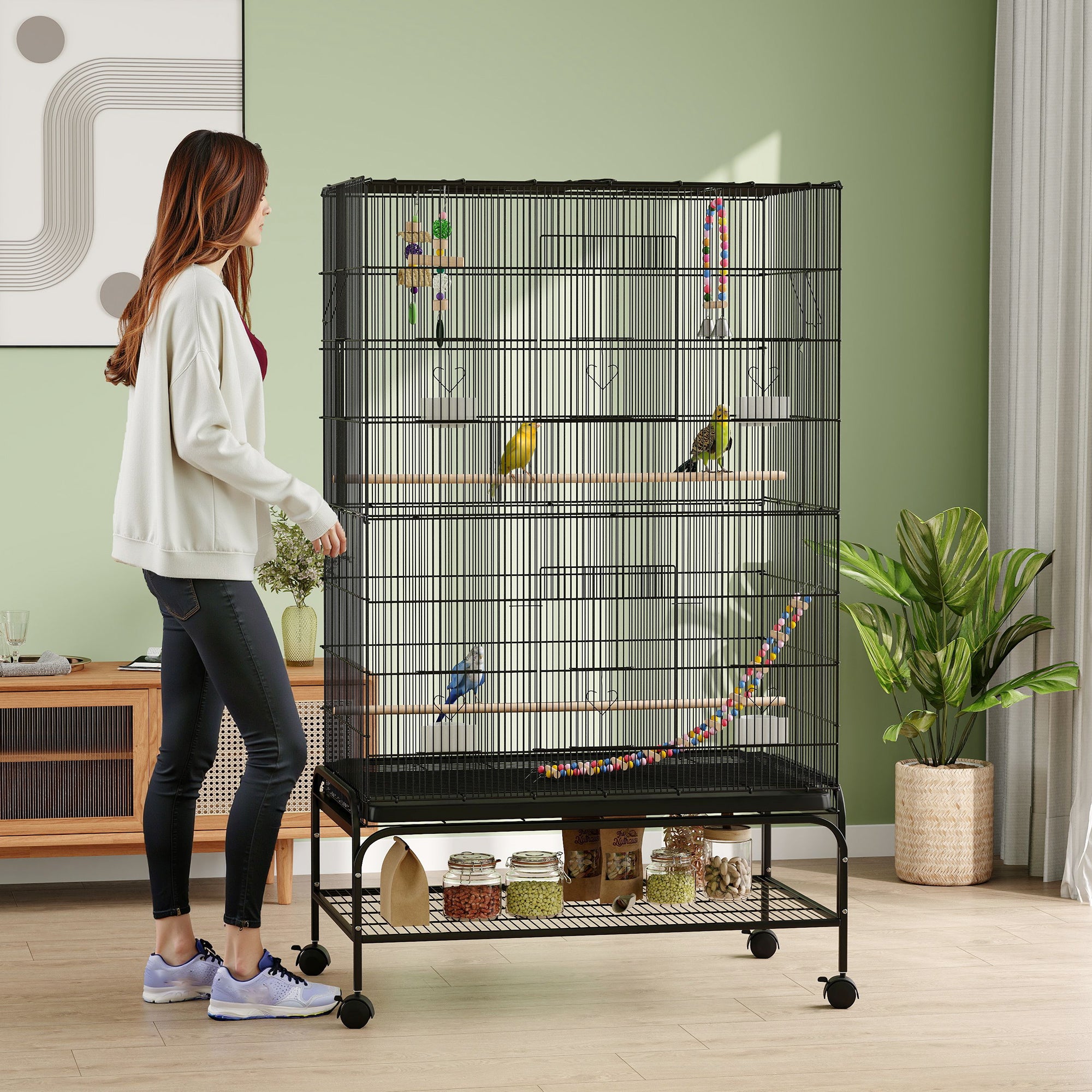 PawHut 63" Bird Cage w/ Open Top for Budgies, Cockatiels, Lovebirds Finches, Stand, Toys, Removable Tray, Storage Shelf
