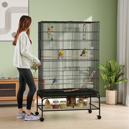 PawHut 63" Bird Cage w/ Open Top for Budgies, Cockatiels, Lovebirds Finches, Stand, Toys, Removable Tray, Storage Shelf
