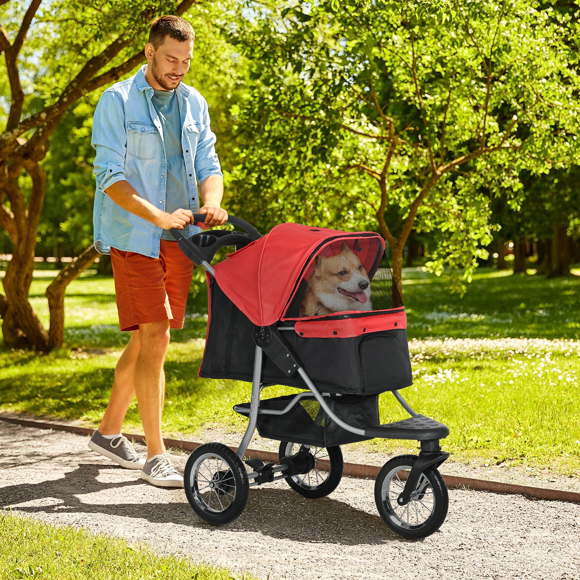 PawHut Luxury Pet Stroller Lightweight Dog Cat Travel Carriage with 3-Rubber Wheels, One-click Folding Design, Adjustable Canopy, Zippered Mesh Window Door, Red