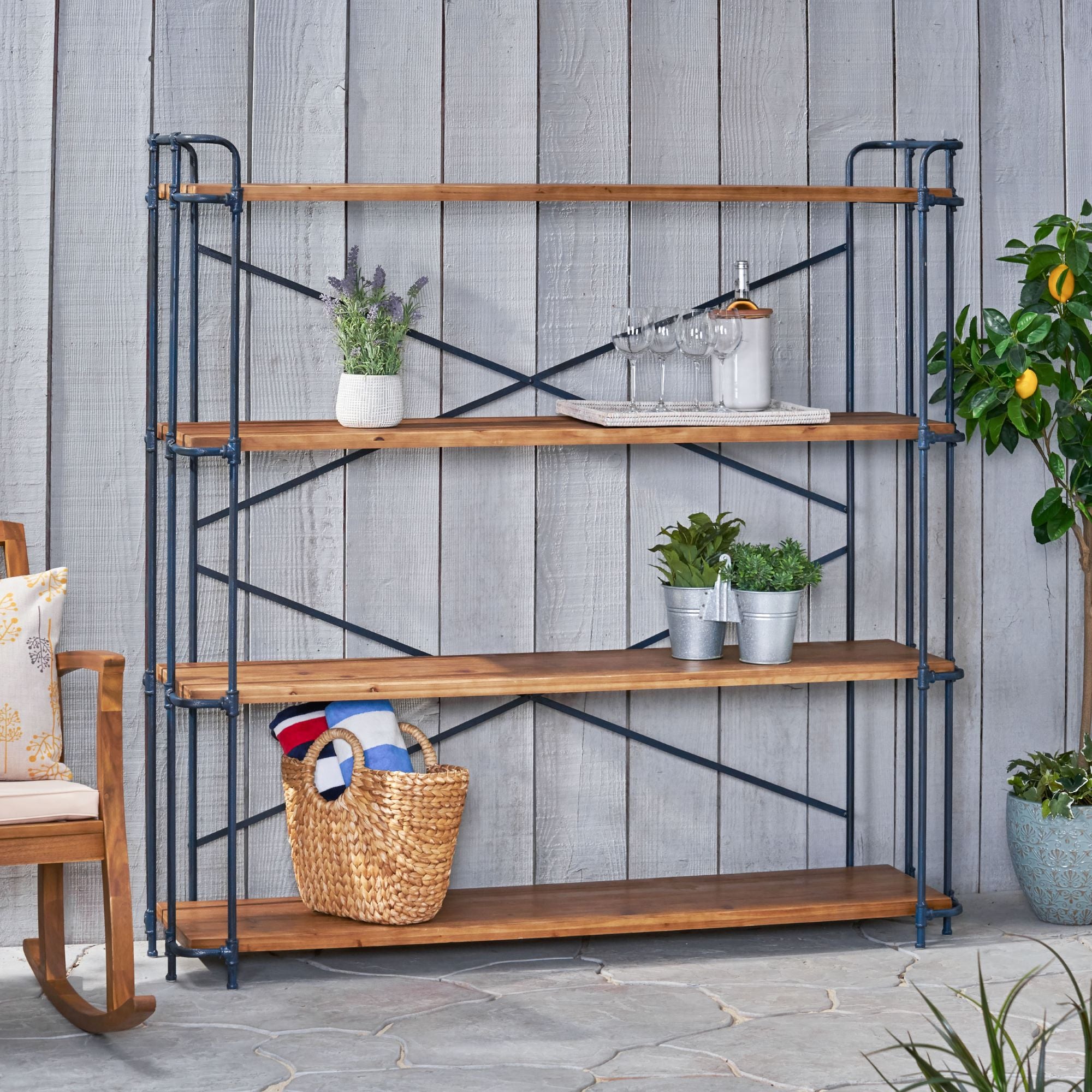 4-Shelf Minimalist Bookcase with Sleek Iron Frame, Industrial Design, Ideal for Patios, Backyard, 64" L x 17.5" W x 66.5" H, Natural