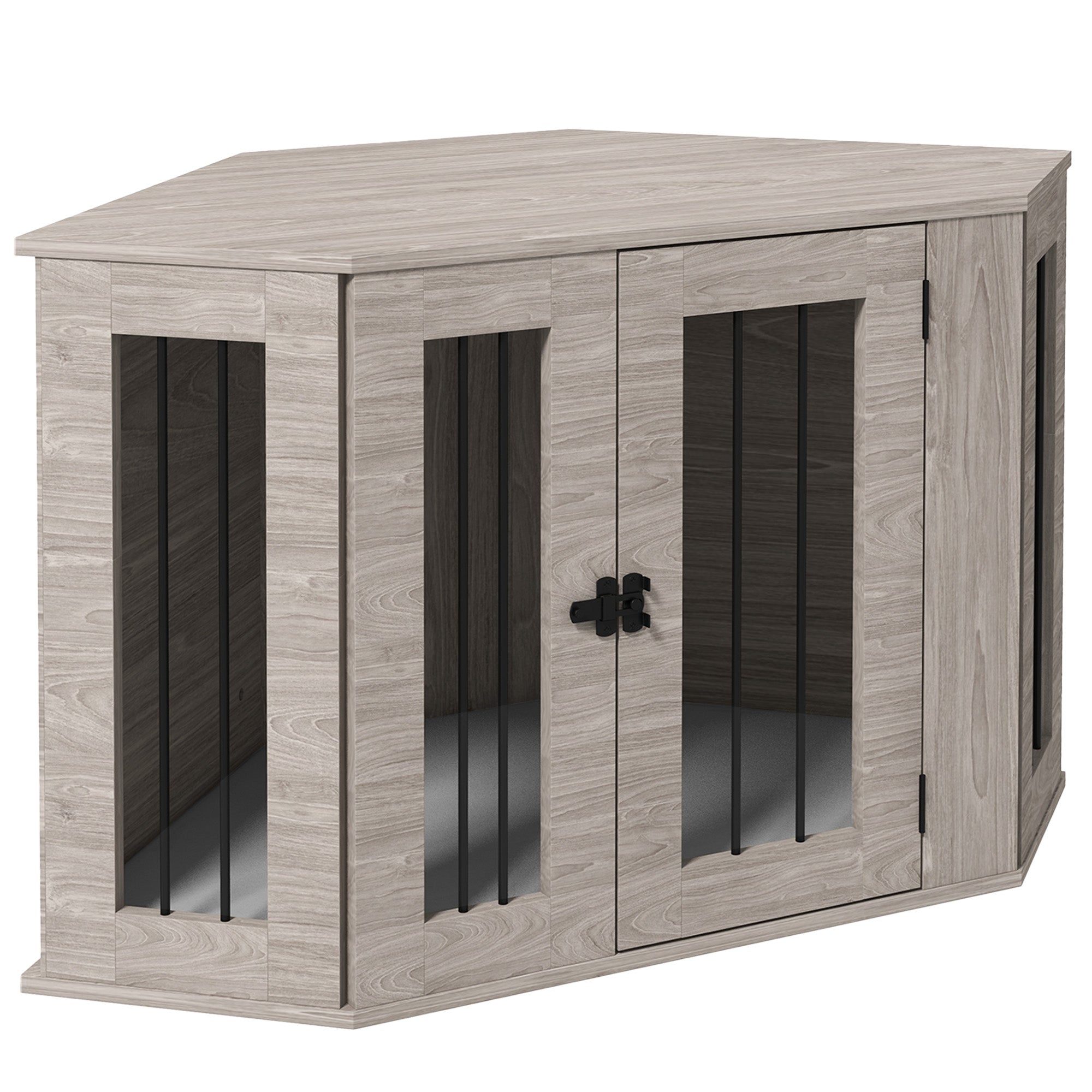 PawHut Dog Crate Furniture with Cushion, 41 Inch Corner Design Dog Crate End Table for Medium Dogs, Grey