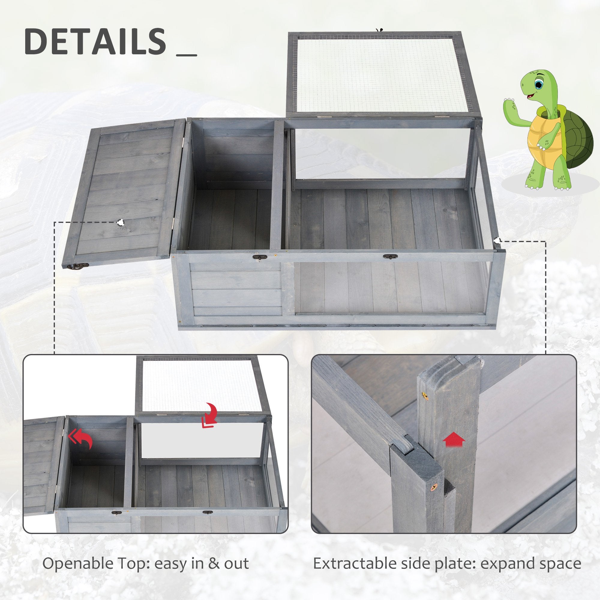 PawHut Wood Tortoise House for Lizards, Geckos, Indoor Outdoor Use, 35.8" x 23.8" x 12.6", Grey