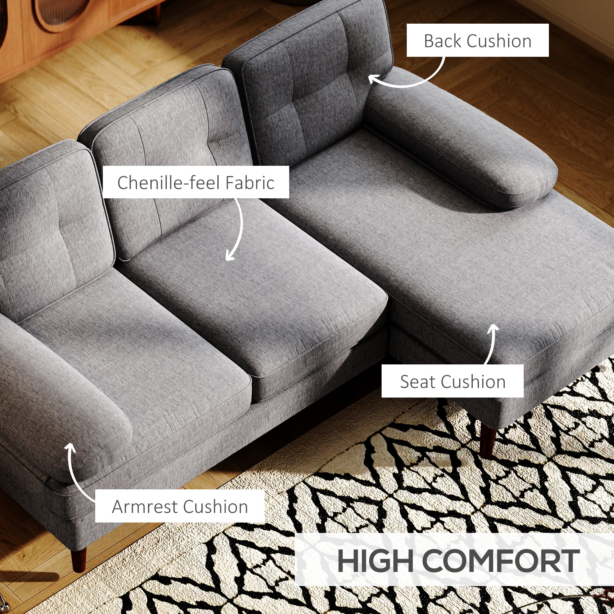 HOMCOM Modern Corner Couch with Right Chaise Lounge, Tufted 3-Seater Sofa with Wooden Legs for Living Room, Bedroom, Grey