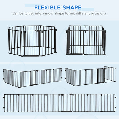 PawHut Dog Safety Gate 8-Panel Playpen Fireplace Christmas Tree Steel Fence Stair Barrier Room Divider Black