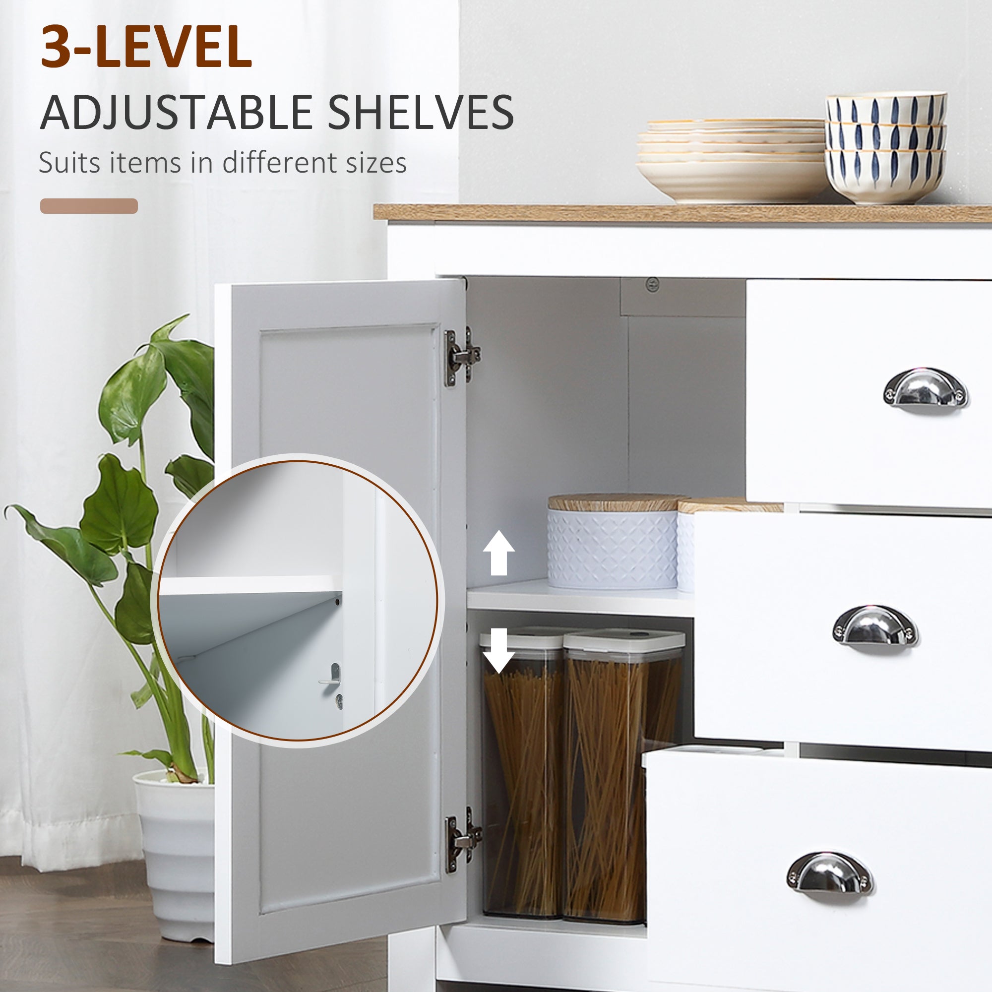 HOMCOM Modern Sideboard Cabinet, Kitchen Buffet Cabinet with 3 Drawers and Adjustable Shelves, Buffets Tables, White