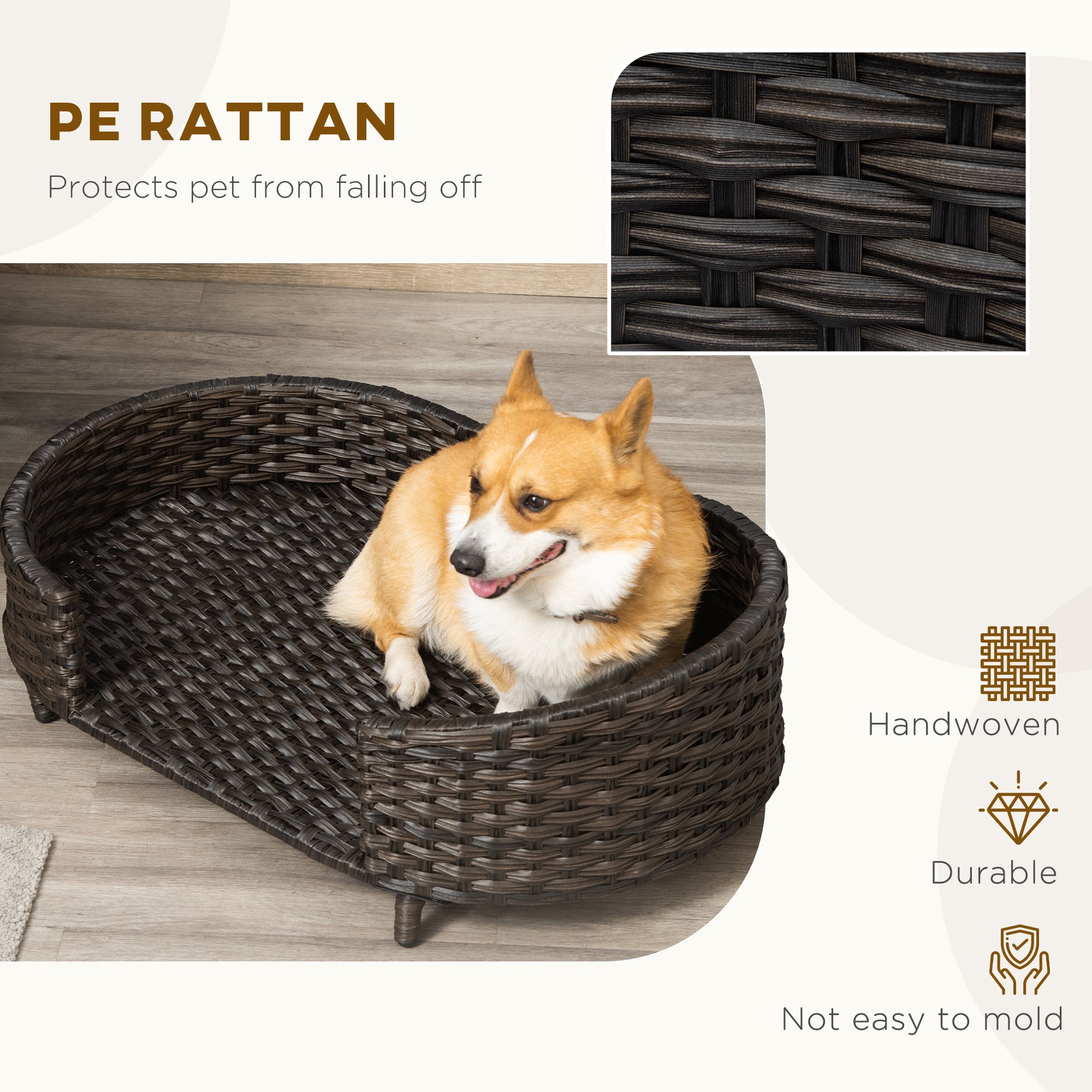 PawHut Raised Ratten Dog Bed Sofa, Elevated Wicker Cat Couch Bed with Removable Soft Cushion Washable Cover, for Small & Medium Dogs, Charcoal Grey