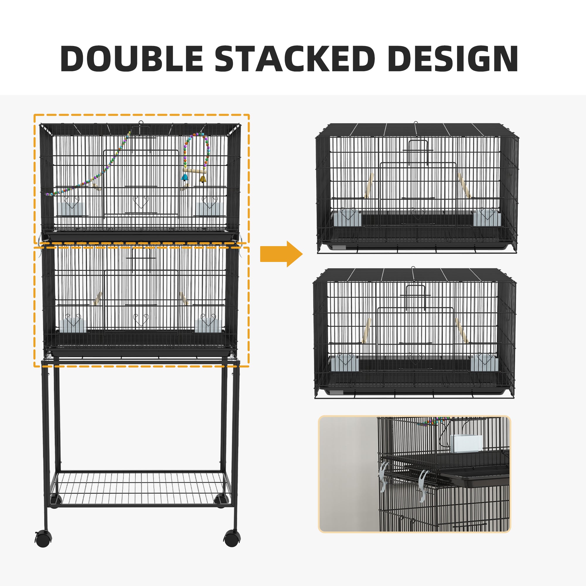 PawHut 65" Birdcage for Canaries, Lovebirds Finches, Budgie Cage with Wheels, Black