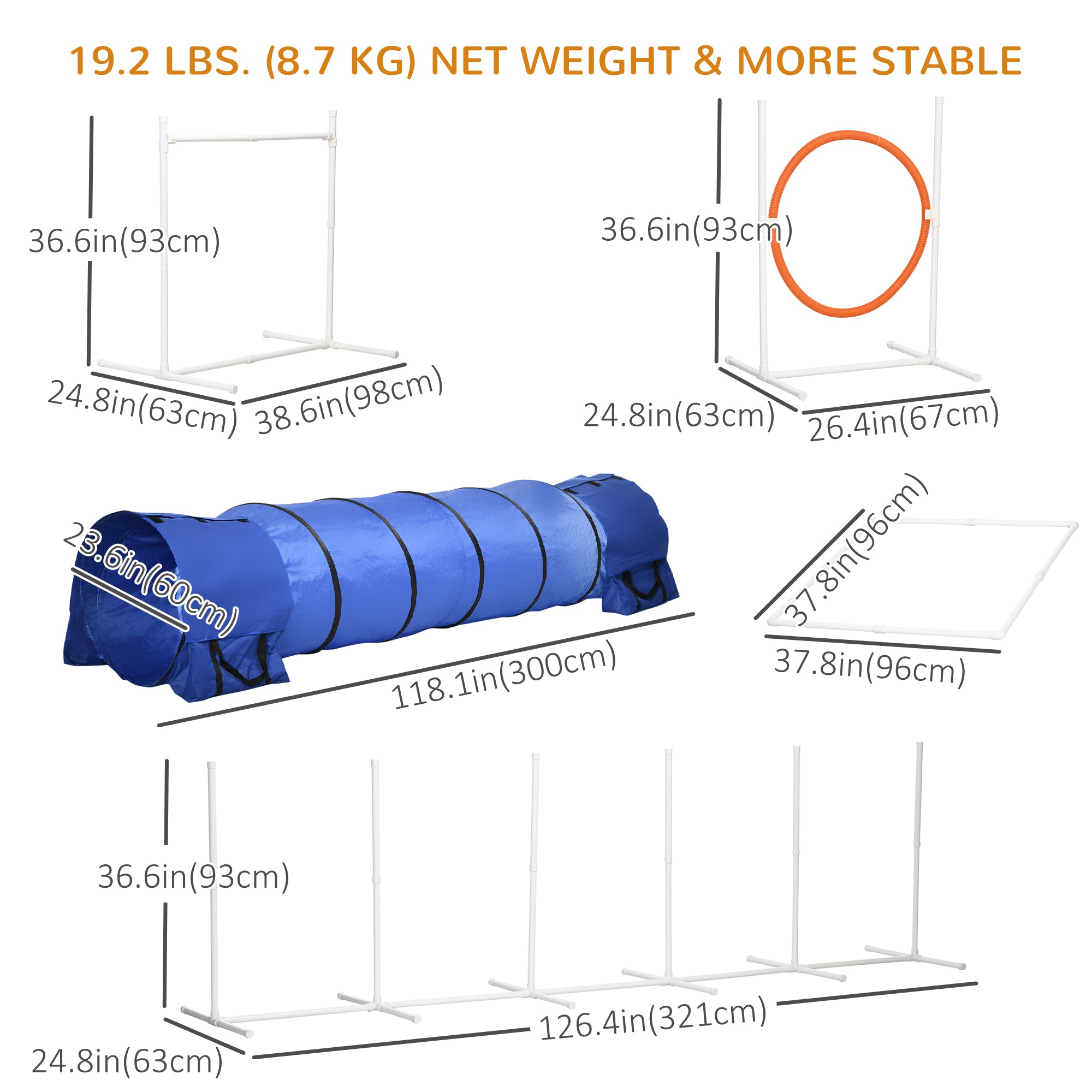 PawHut 5Pcs Dog Agility Training Equipment with 8.7KG Net Weight, Pet Agility Set with Tunnels, Adjustable Jump Ring, Jumper, Weave Poles, Square Pause Box, Carrying Bag, Whistle