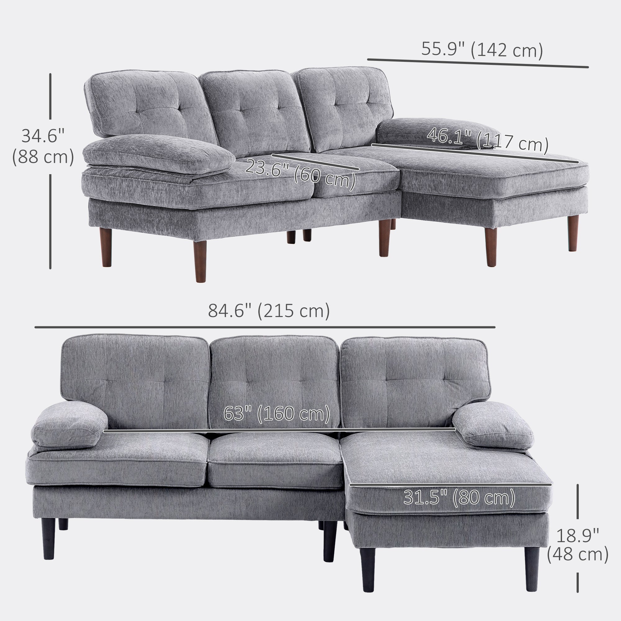 HOMCOM Modern Corner Couch with Right Chaise Lounge, Tufted 3-Seater Sofa with Wooden Legs for Living Room, Bedroom, Grey