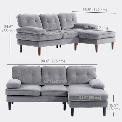 HOMCOM Modern Corner Couch with Right Chaise Lounge, Tufted 3-Seater Sofa with Wooden Legs for Living Room, Bedroom, Grey