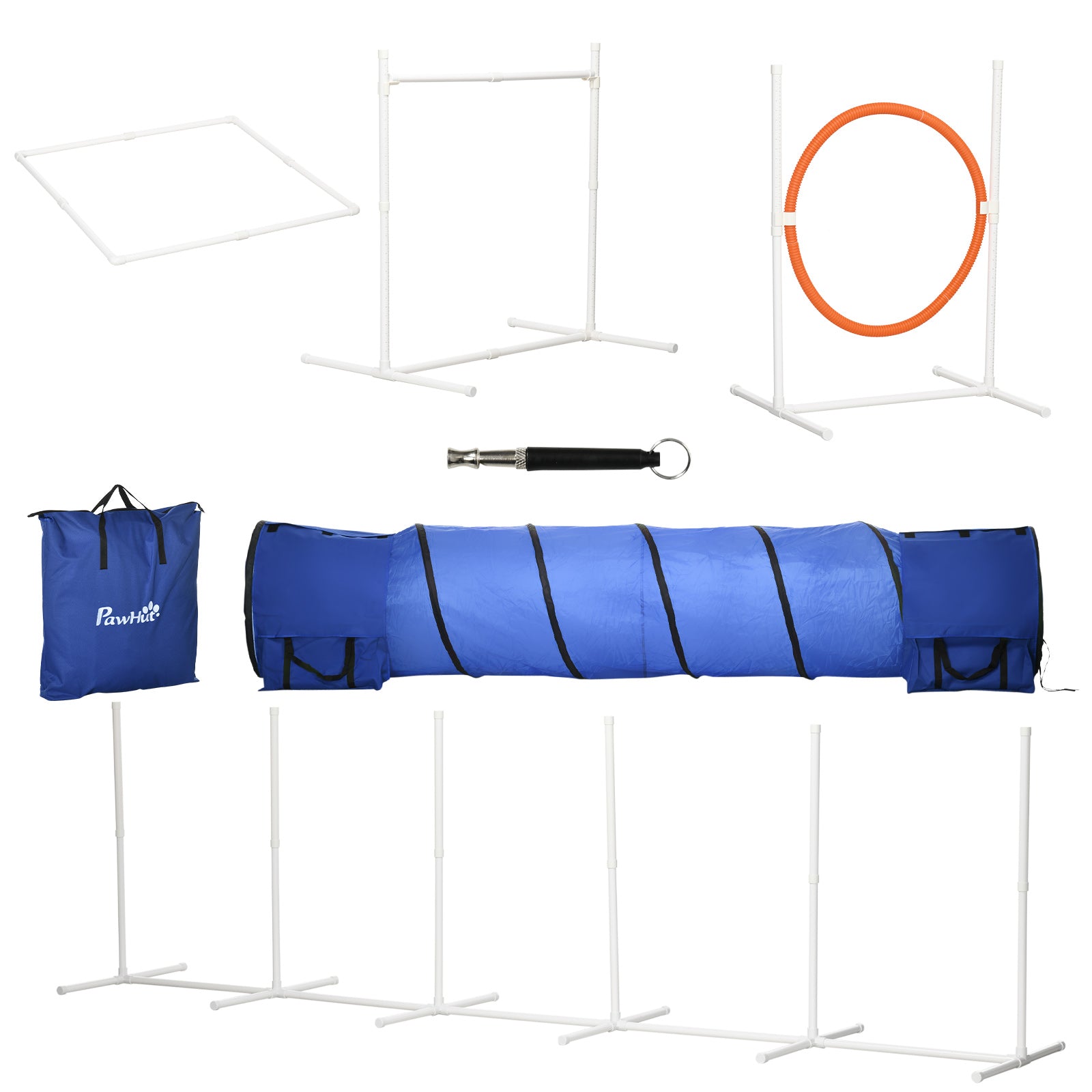 PawHut 5Pcs Dog Agility Training Equipment with 8.7KG Net Weight, Pet Agility Set with Tunnels, Adjustable Jump Ring, Jumper, Weave Poles, Square Pause Box, Carrying Bag, Whistle