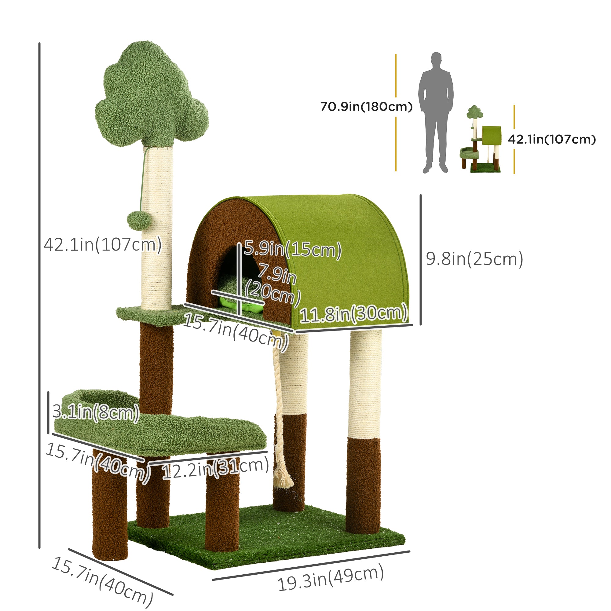 PawHut 42" Cat Tree with Scratching Posts, Cat Tower for Indoor Cats with Bed, House, Toy, Forest Themed, Green