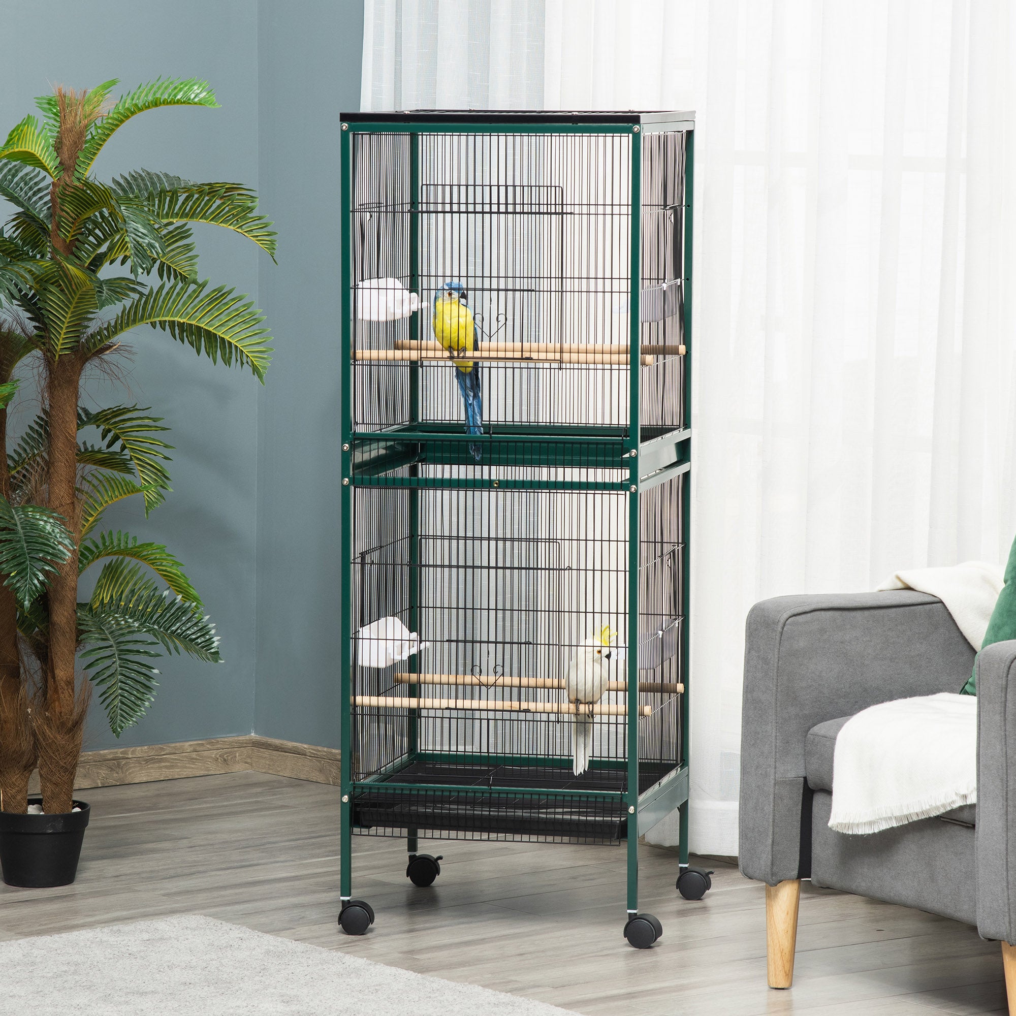 PawHut 55.1" 2 In 1 Bird Cage Aviary Parakeet House for finches, budgies with Wheels, Slide-out Trays, Wood Perch, Green