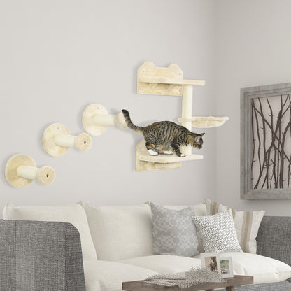 PawHut 4Pcs Cat Wall Shelf with Scratching Posts, Hammock, Steps, Platforms, Cat Shelves for Relaxing, Sleeping, Jumping, Cat Wall Climber for Indoor Cats, Beige
