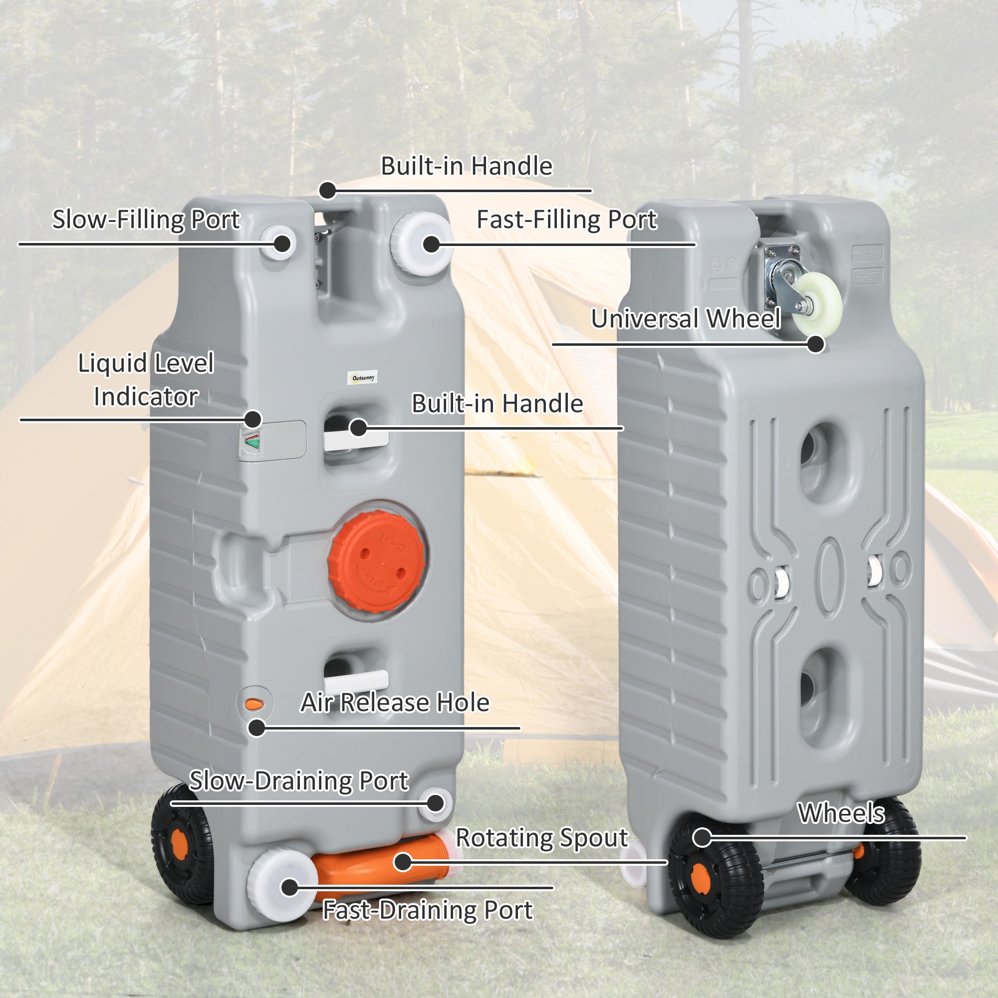 Outsunny 19.8 Gallon Portable RV Water Tank, Waste Water Storage Tank, with Rotating Drain Spout, Level Indicator and 3 Wheels