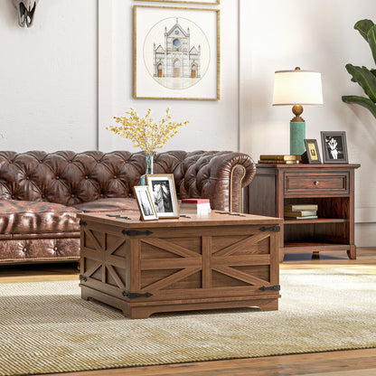 HOMCOM Farmhouse Coffee Table, Square Center Table with Flip-top Lids, Hidden Storage Compartment, Brown