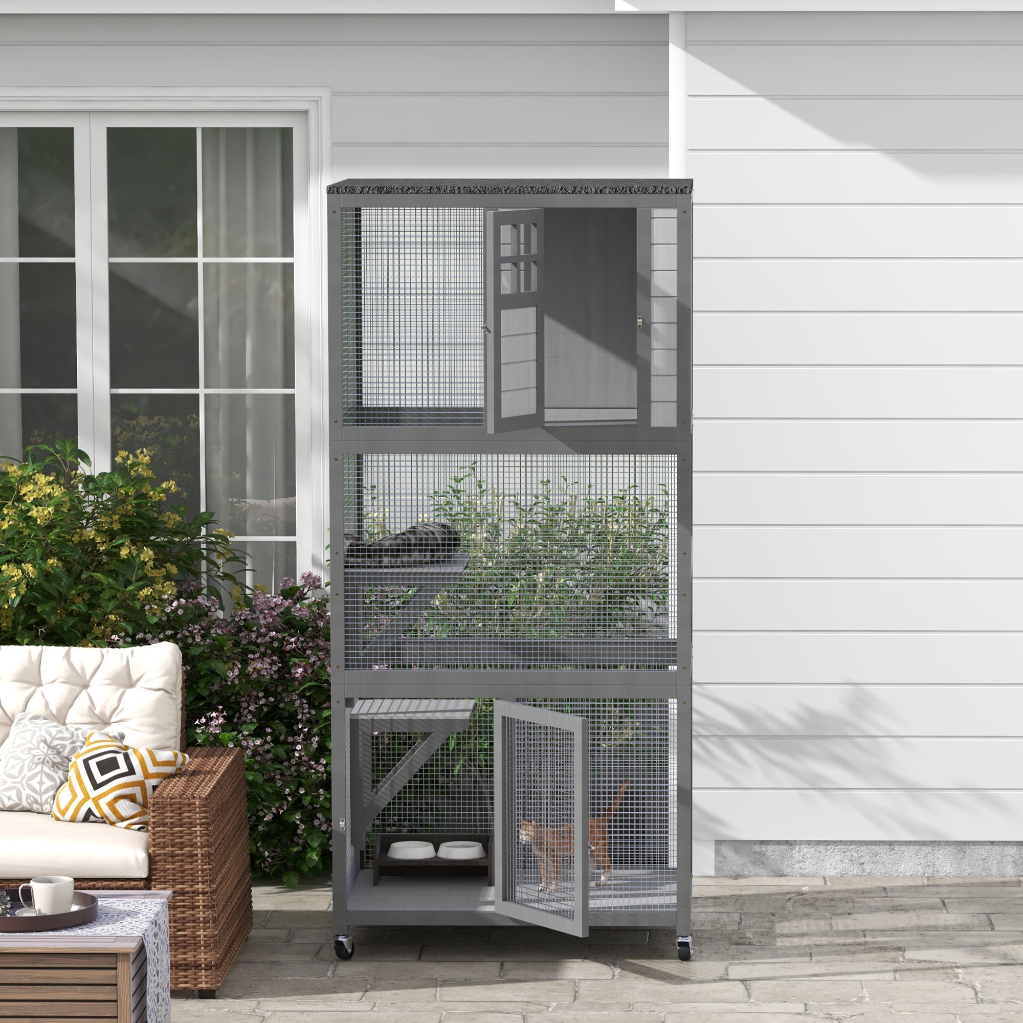 PawHut 74" Wooden Outdoor Cat House Weatherproof & Wheeled with High Weight Capacity, Kitten Cage Condo, Light Grey