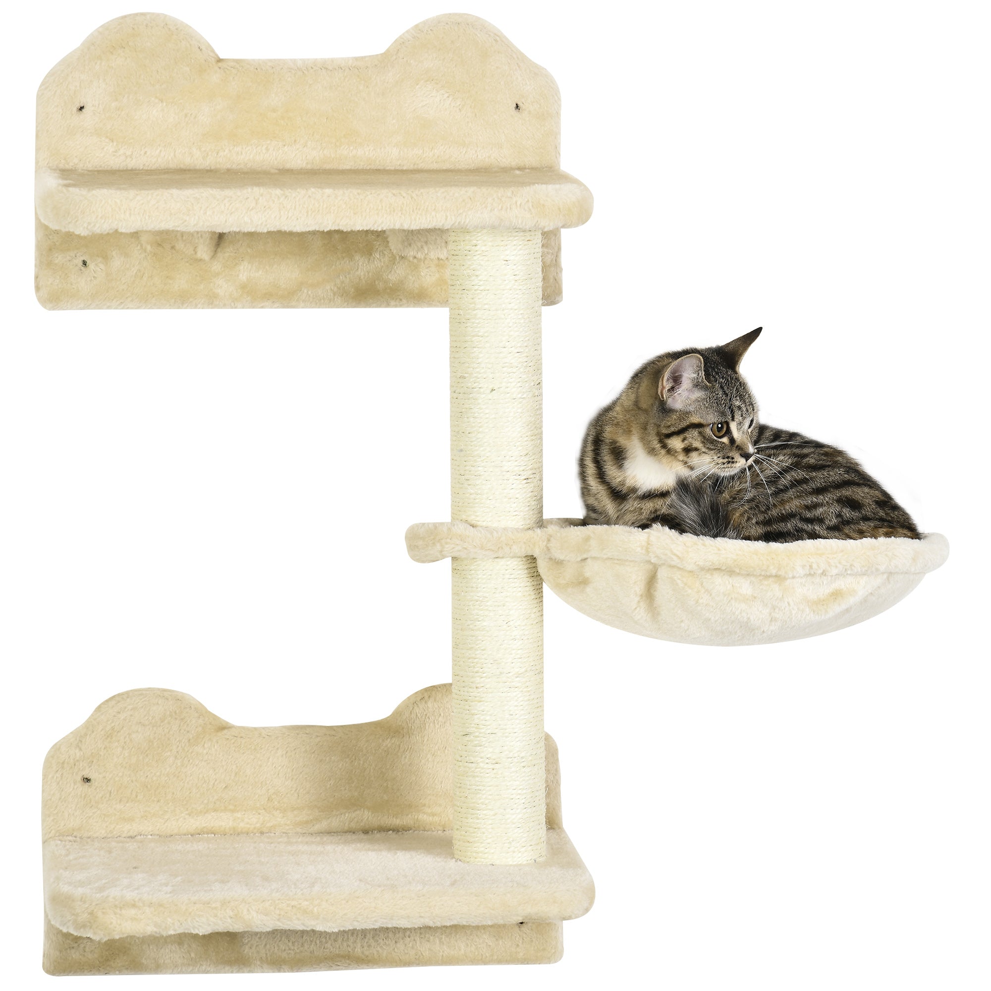 PawHut 4Pcs Cat Wall Shelf with Scratching Posts, Hammock, Steps, Platforms, Cat Shelves for Relaxing, Sleeping, Jumping, Cat Wall Climber for Indoor Cats, Beige