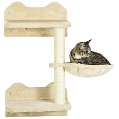 PawHut 4Pcs Cat Wall Shelf with Scratching Posts, Hammock, Steps, Platforms, Cat Shelves for Relaxing, Sleeping, Jumping, Cat Wall Climber for Indoor Cats, Beige
