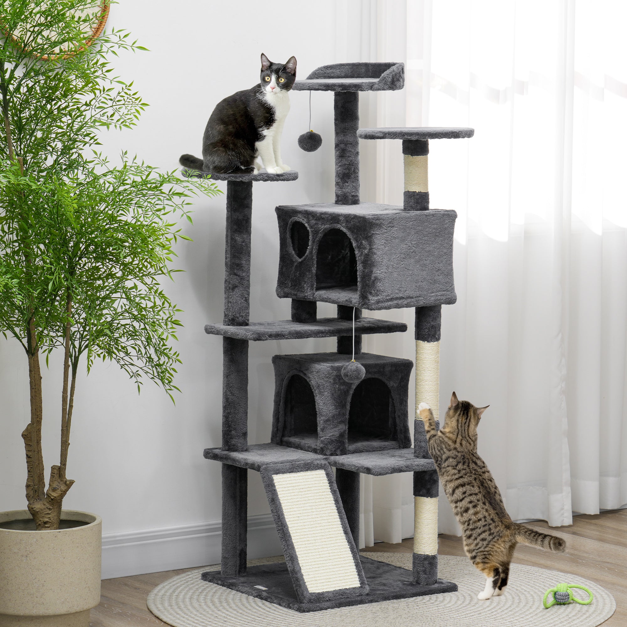 PawHut 54" Cat Tree, Multi-Level Cat Tower with Scratching Posts, Cat Condos, Bed, Platforms, Ramp, Toy Ball, Dark Grey