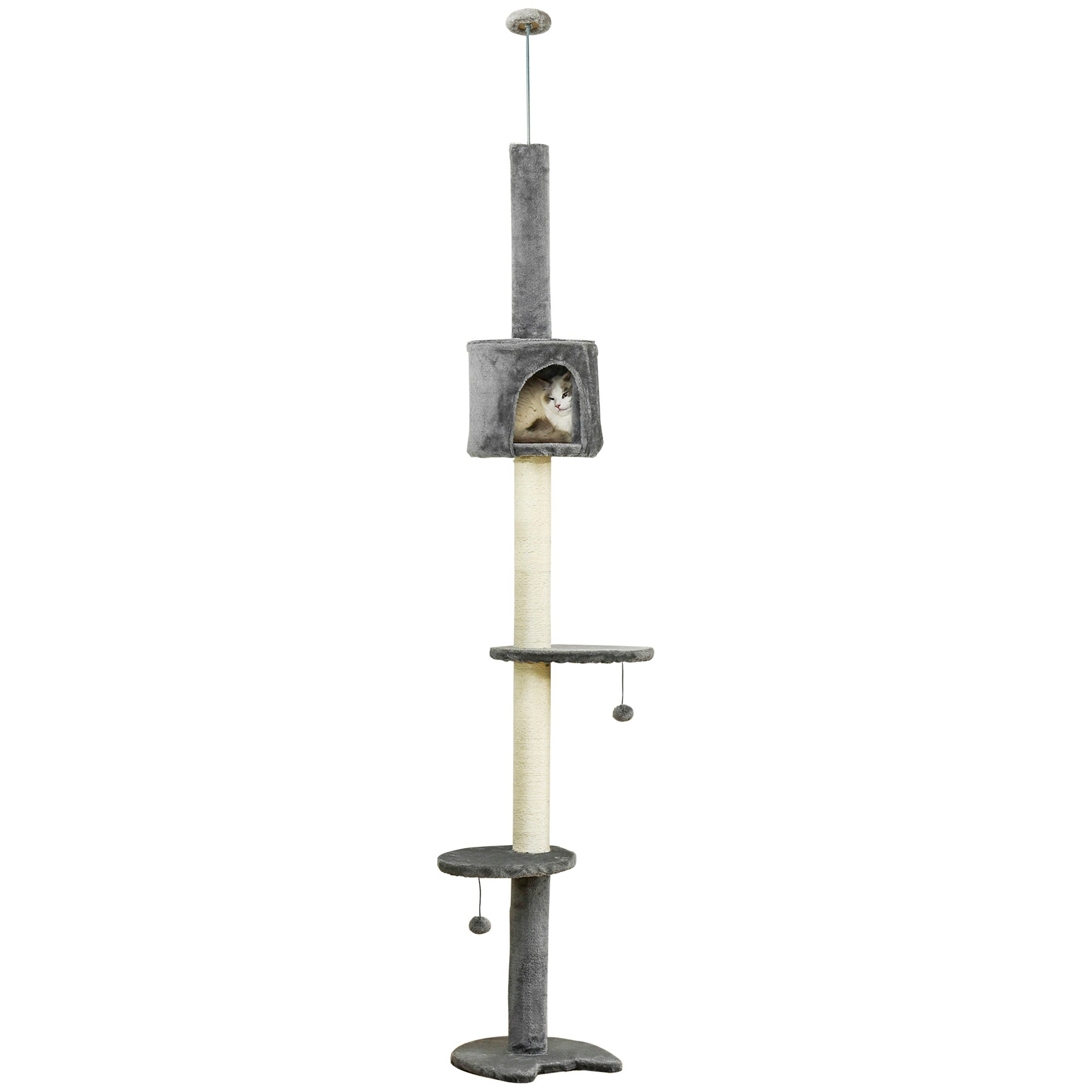 PawHut 4-Tier Floor to Ceiling Cat Tree, Tall Cat Tower with Scratching Post, Plush Padding, Toy Ball, Cat Condo for Indoor Cats, Light Grey