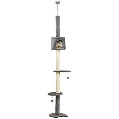 PawHut 4-Tier Floor to Ceiling Cat Tree, Tall Cat Tower with Scratching Post, Plush Padding, Toy Ball, Cat Condo for Indoor Cats, Light Grey