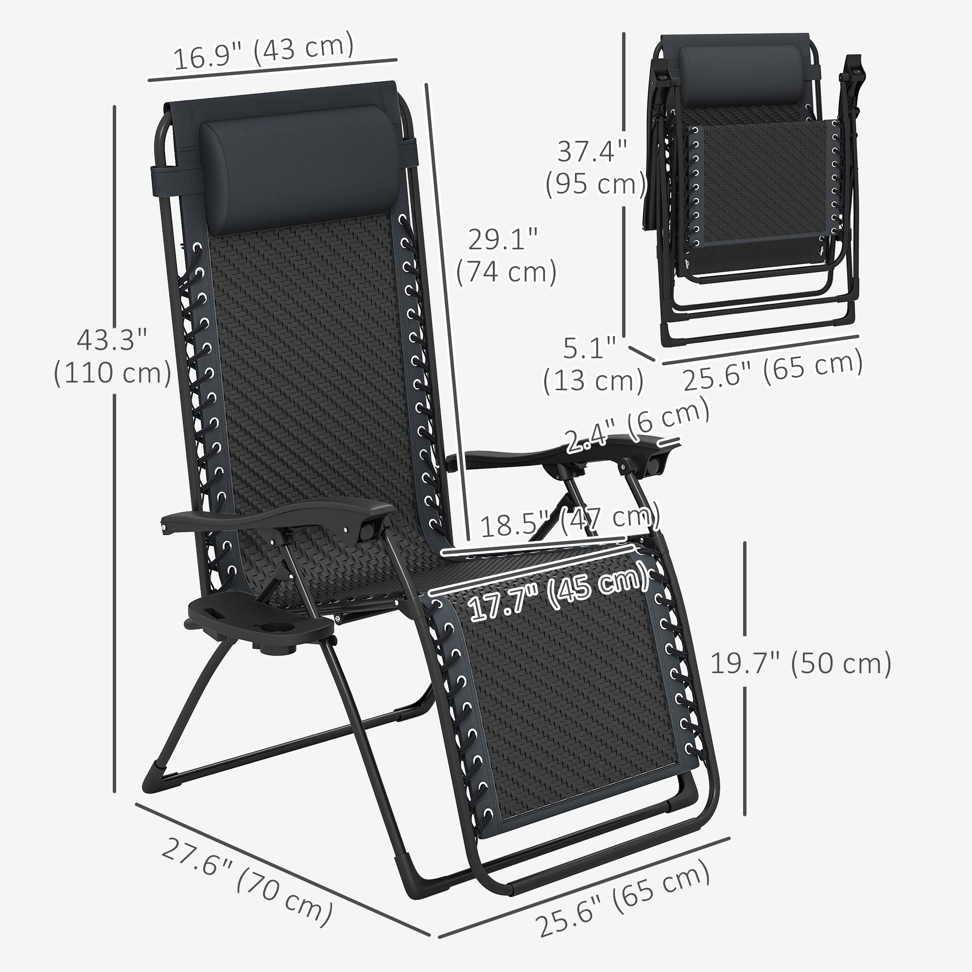Outsunny Wicker Folding Lounge Chair with Adjustable Backrest, Rattan Recliner Chair with Headrest & Side Table Tray, Black