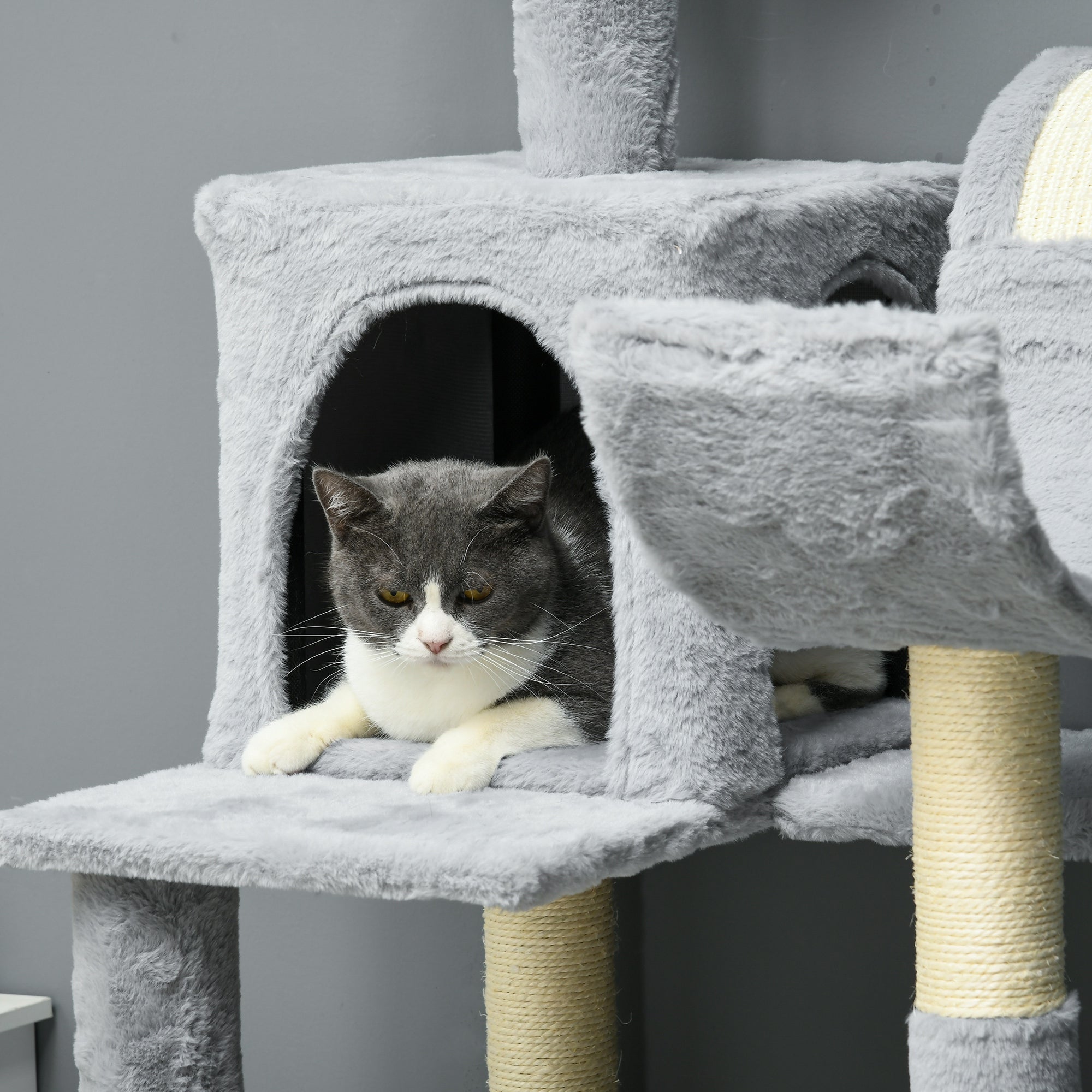 PawHut Tall Cat Tree for Indoor Cats, 70" Multi-Level Cat Tower with Hammock, Cat Bed, Cat Condo with Sisal Scratching Posts, Bluish Grey