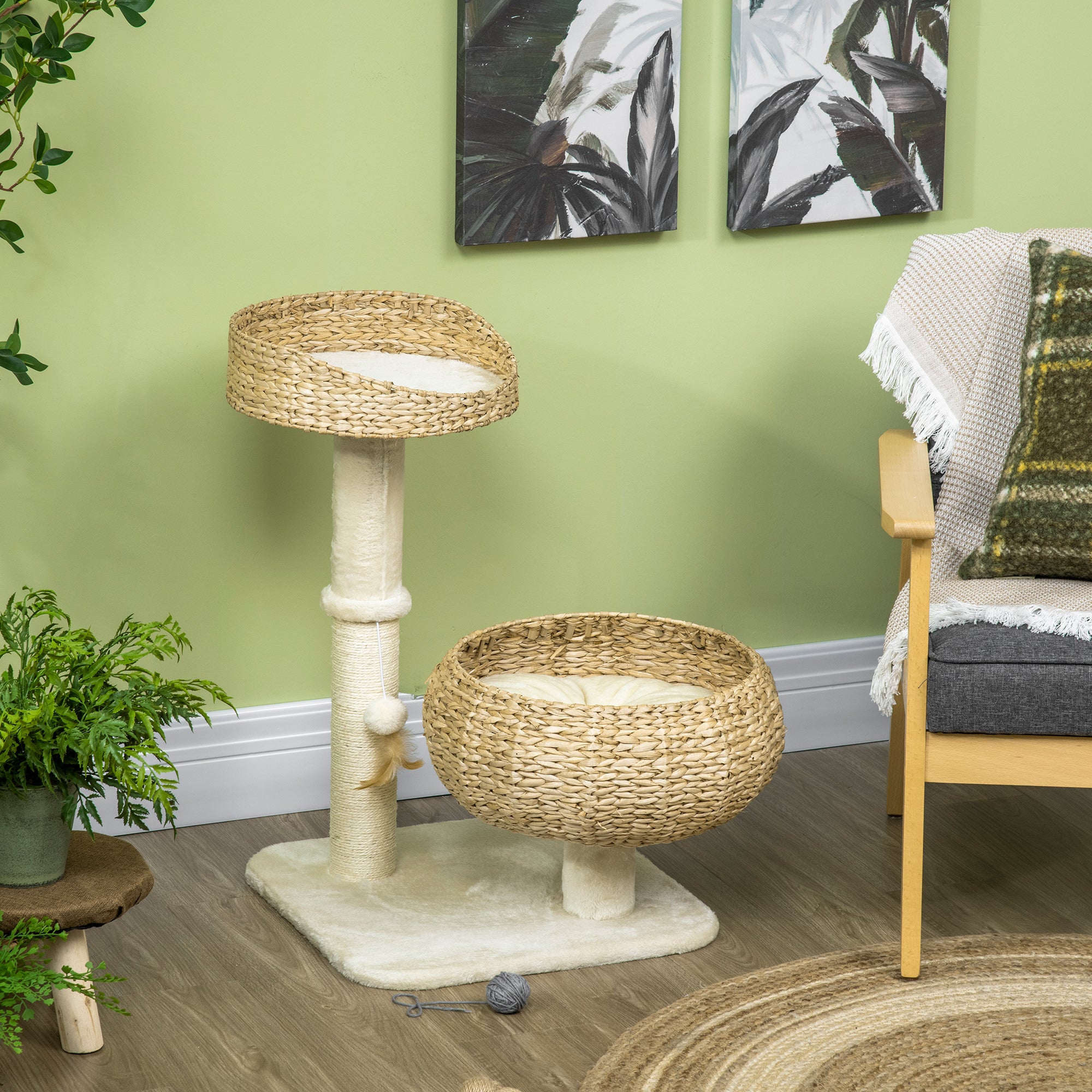 PawHut 28" Cat Tree with Scratching Post, Cat Tower with Double Beds, Beige