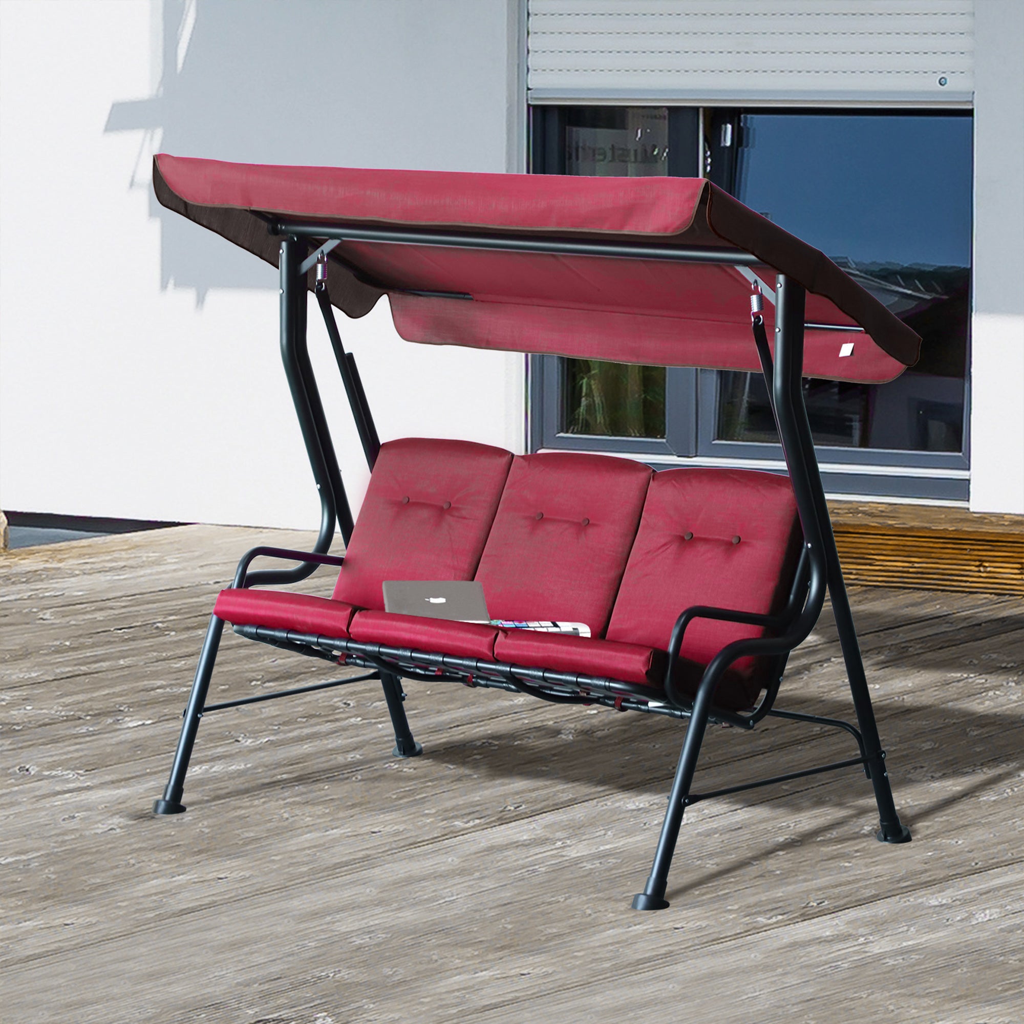 Outsunny 3-Person Porch Swing Chair, Patio Swing Bench with Adjustable Canopy, Removable Thicken Cushion and Weather Resistant Steel Frame for Outdoor, Garden, Poolside, Wine Red