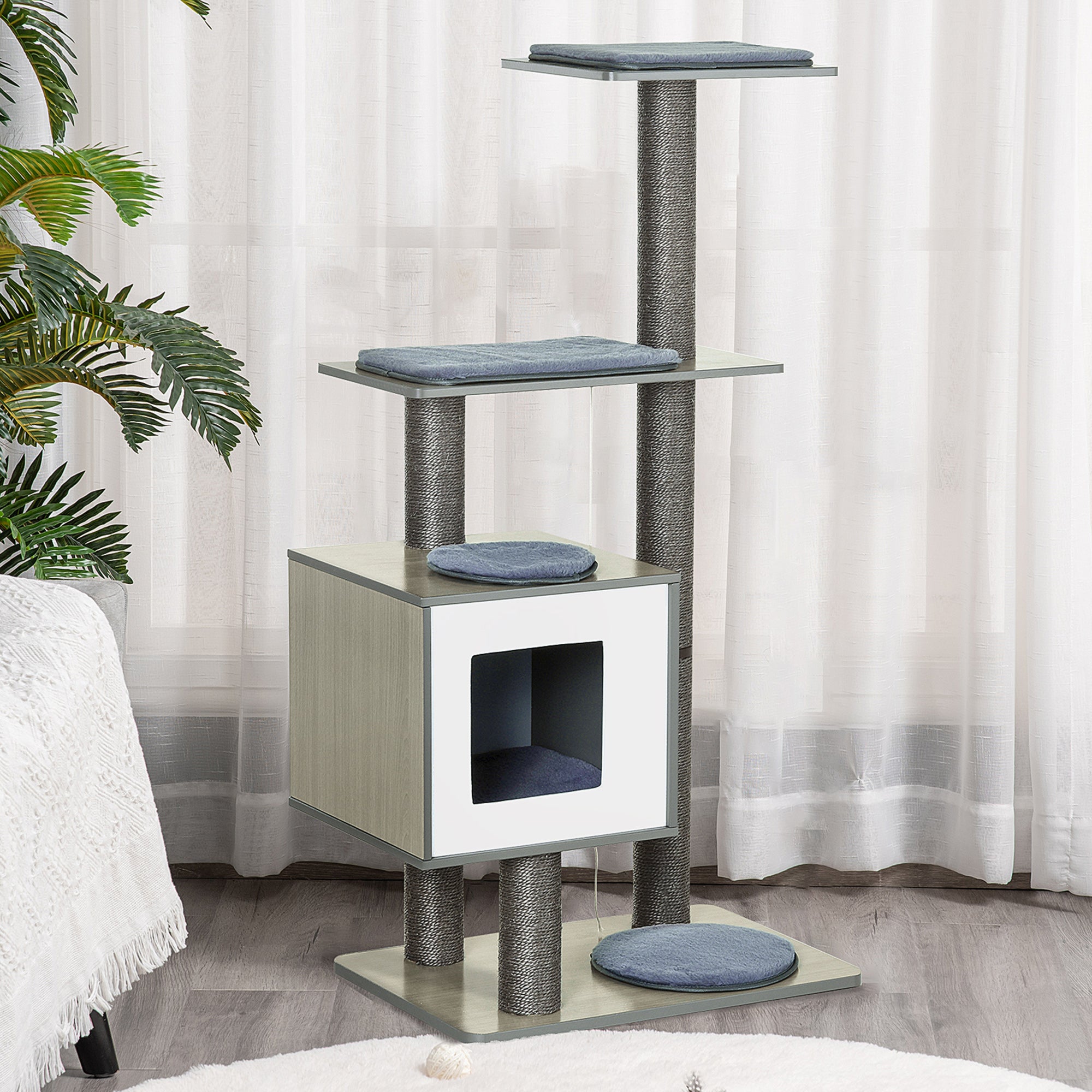 PawHut 47.2" Cat Tree, Kitten Scratcher, Activity Center, Play House with Condo Sisal, Scratching Post, and Mat - Grey