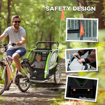 Aosom 2-in-1 Double Baby Jogging Stroller, Bike Trailer for Kids & Toddlers with Handbrake, 5 Point Harness, Waterproof Cover, Storage Bag, Safety Flag, Reflectors, Green