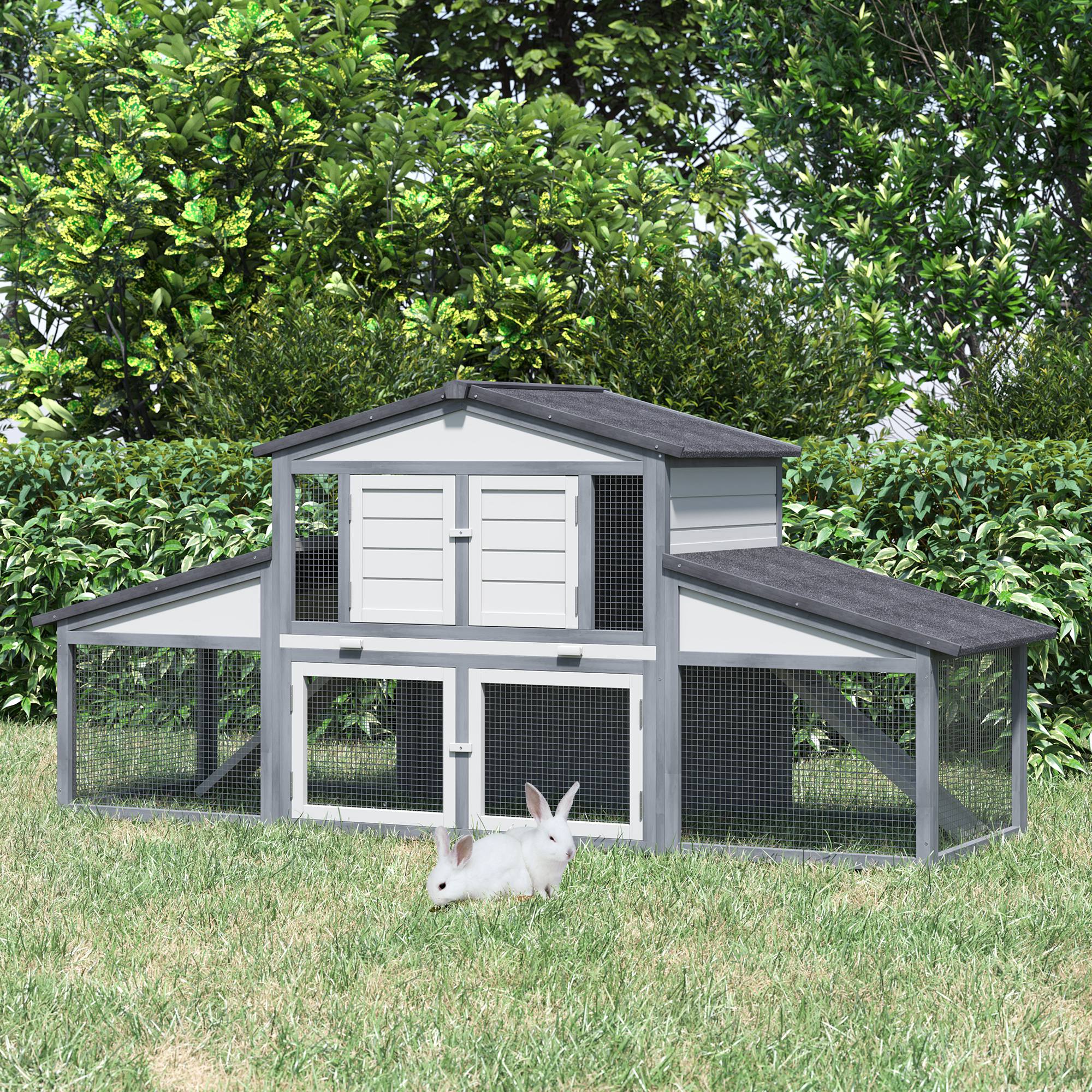 PawHut Deluxe Large Rabbit Hutch Small Animal House Portable Large Outdoor with Run Box, Grey