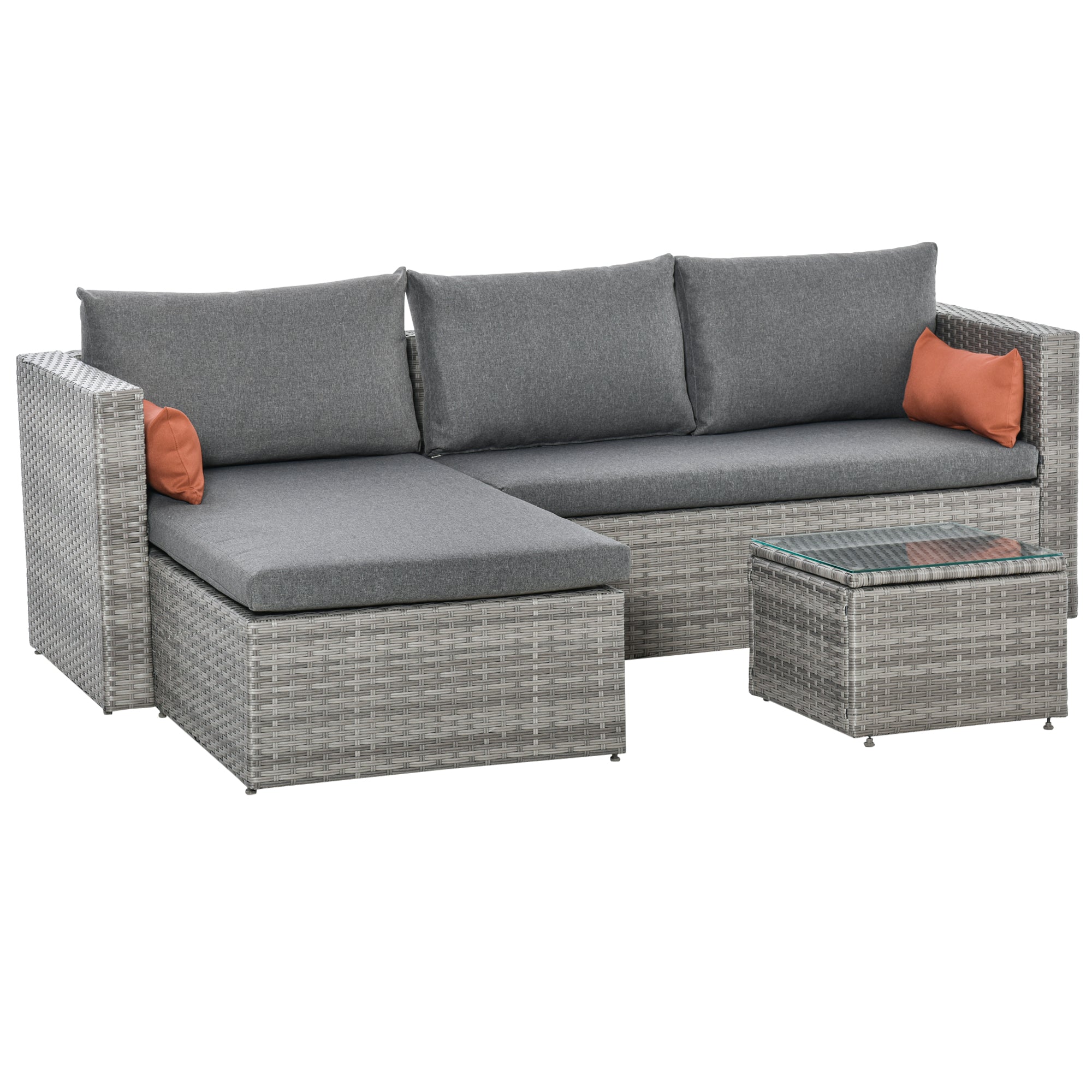 Outsunny 3-Piece Patio Furniture Set Modern Sectional Sofa Rattan Chair Wicker Conversation Set Outdoor Hand Woven Rattan Wicker Furniture Patio Coffee Table Sofa Set, Grey