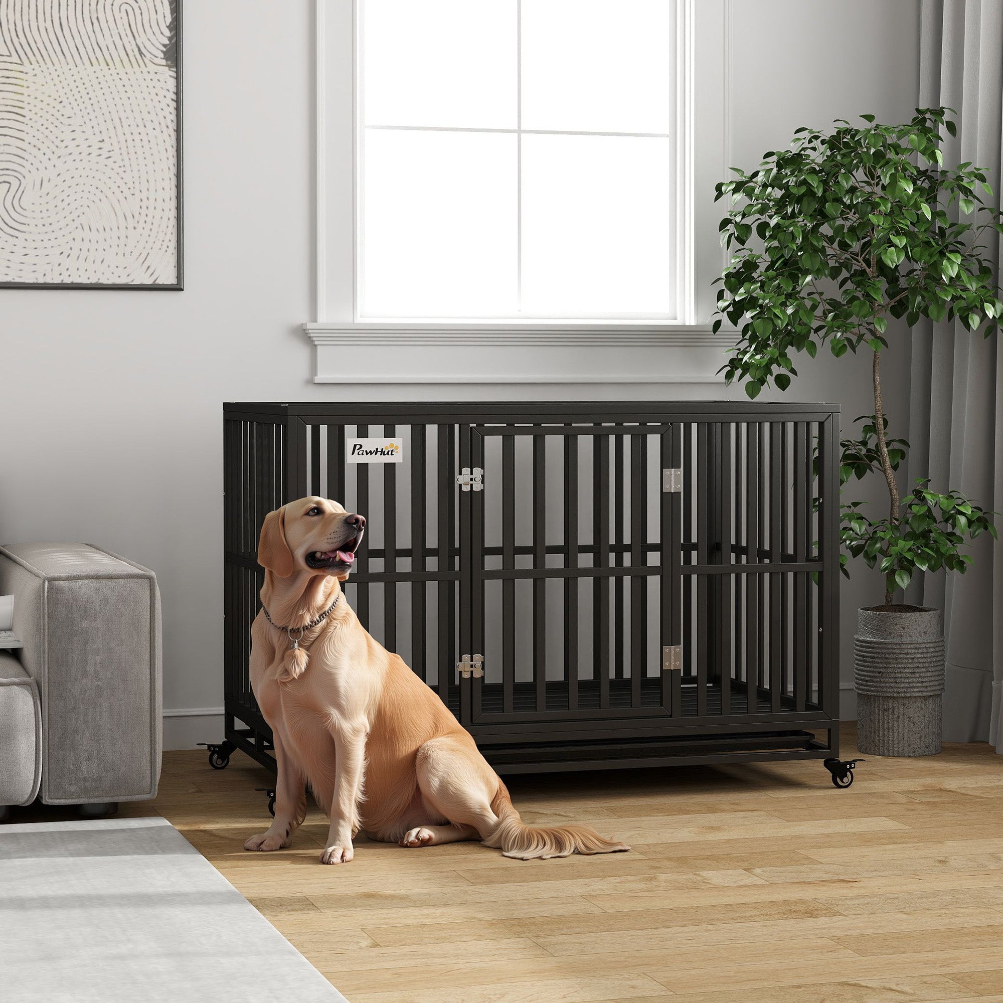 PawHut 49" Heavy Duty Steel Dog Crate Kennel Pet Cage with Wheels for Convenient Access Anti-Pinching Floor, Black