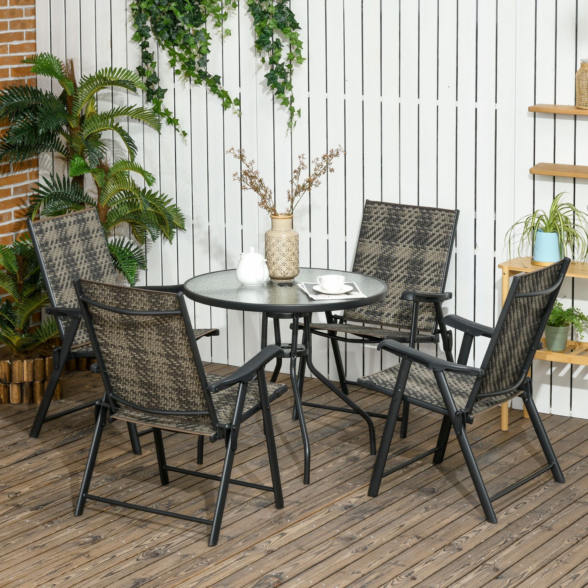Outsunny 5 Pieces Wicker Patio Dining Set Outdoor Furniture Set, Glass Top Dining Table with Umbrella Hole, 4 Folding Armchairs, PE Rattan Conversation Set for Garden, Mixed Grey