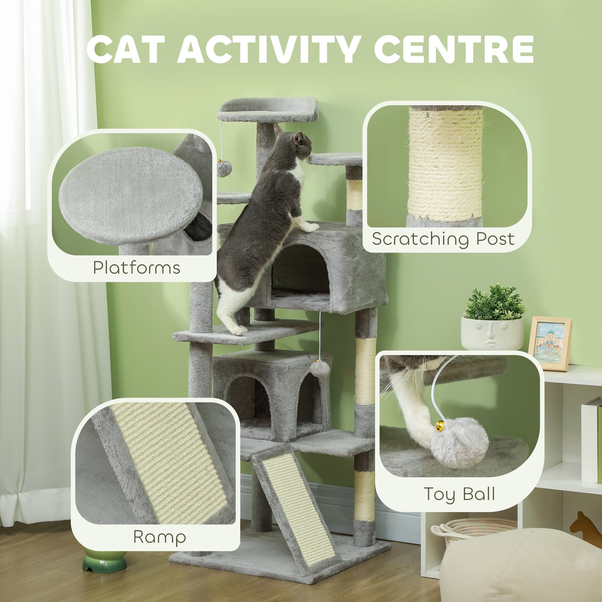 PawHut 54" Cat Tree, Multi-Level Cat Tower with Scratching Posts, Cat Condos, Bed, Platforms, Ramp, Toy Ball, Light Grey