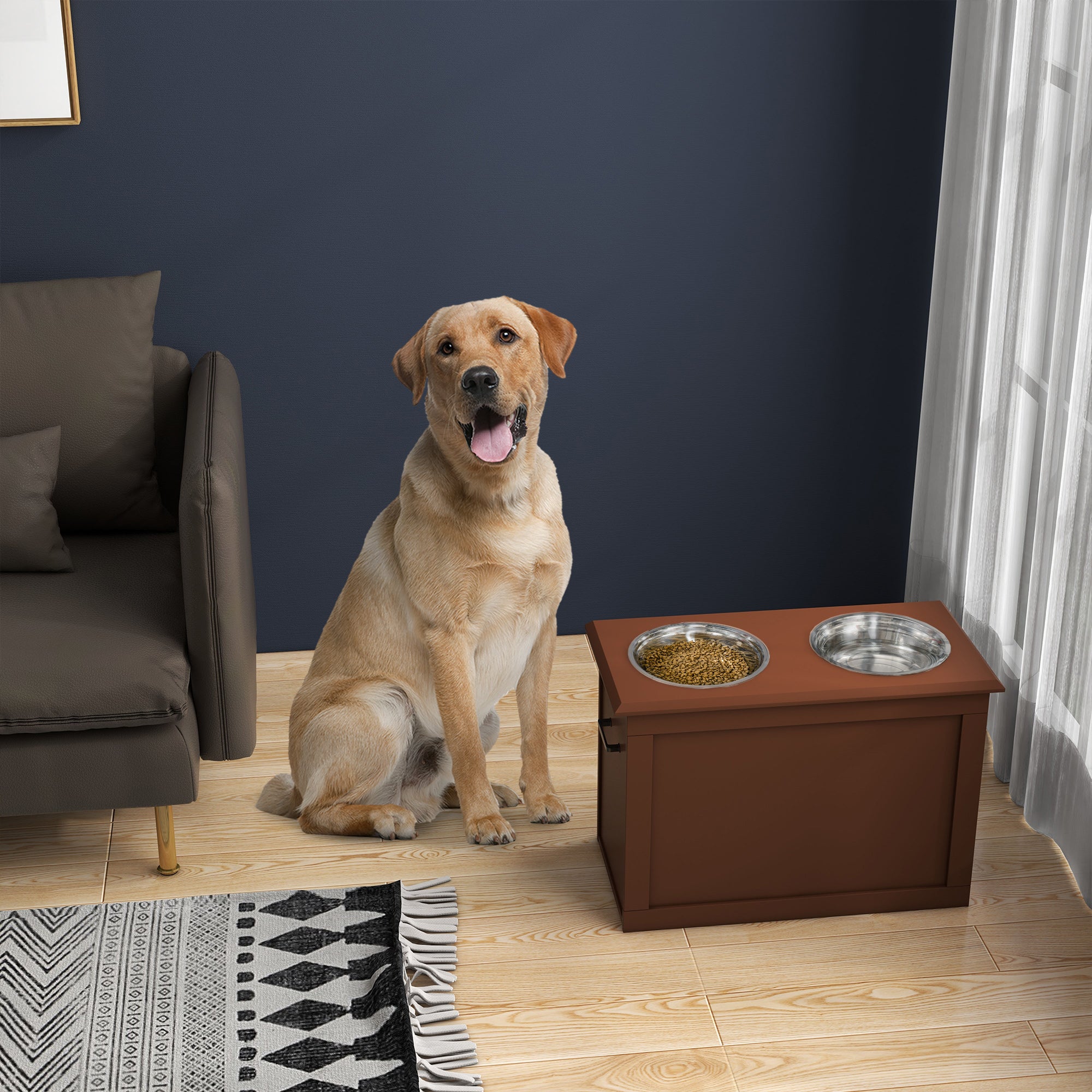 PawHut Elevated Dog Bowls for Large Dogs with Storage 2 Stainless Steel Dog Bowls， Elevated Base for Large Dogs, Brown