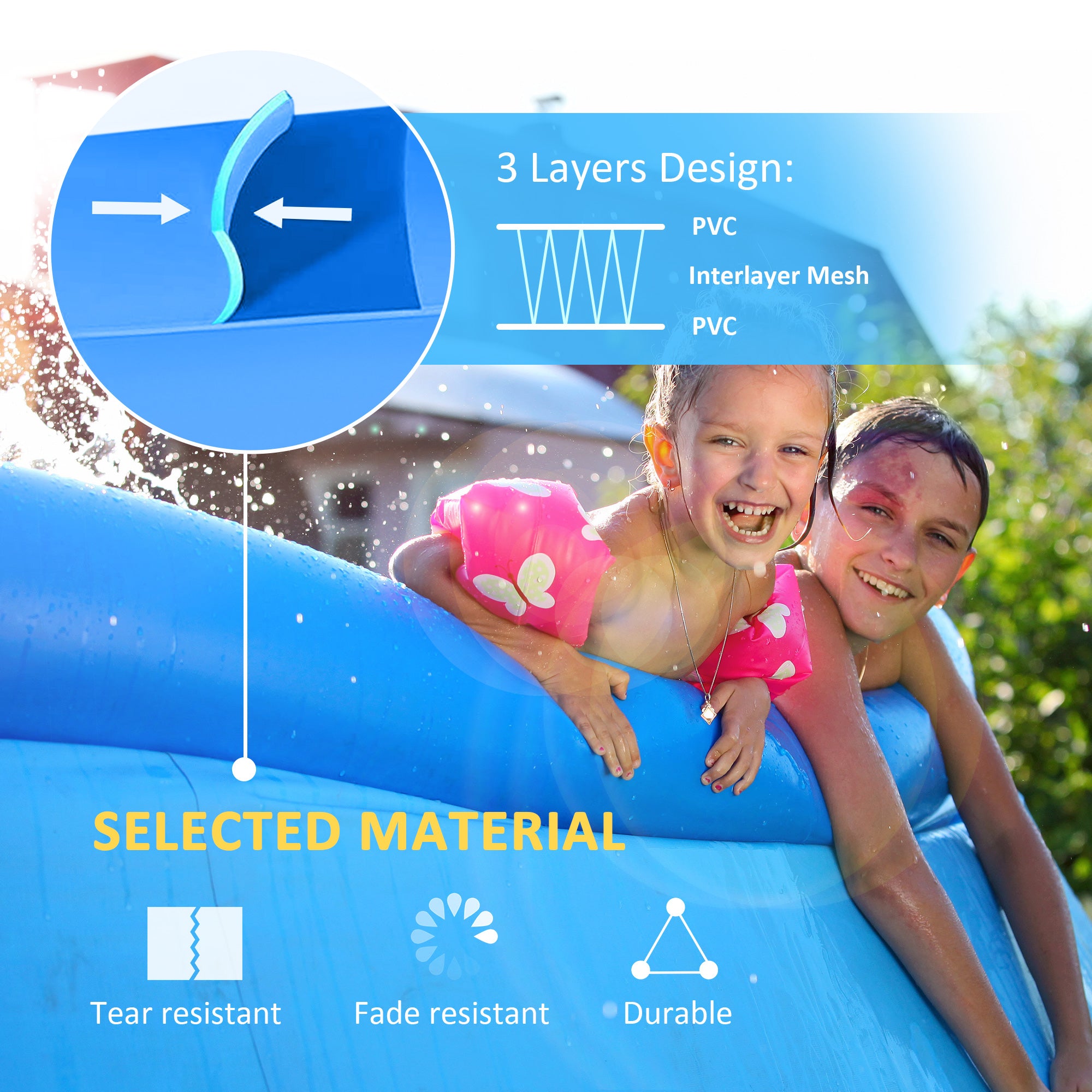 Outsunny Inflatable Swimming Pool Family-Sized Blow Up Pool Round Paddling Pool with Hand Pump for Kids, Adults, Outdoor, Garden and Backyard, 107" x 30", Blue