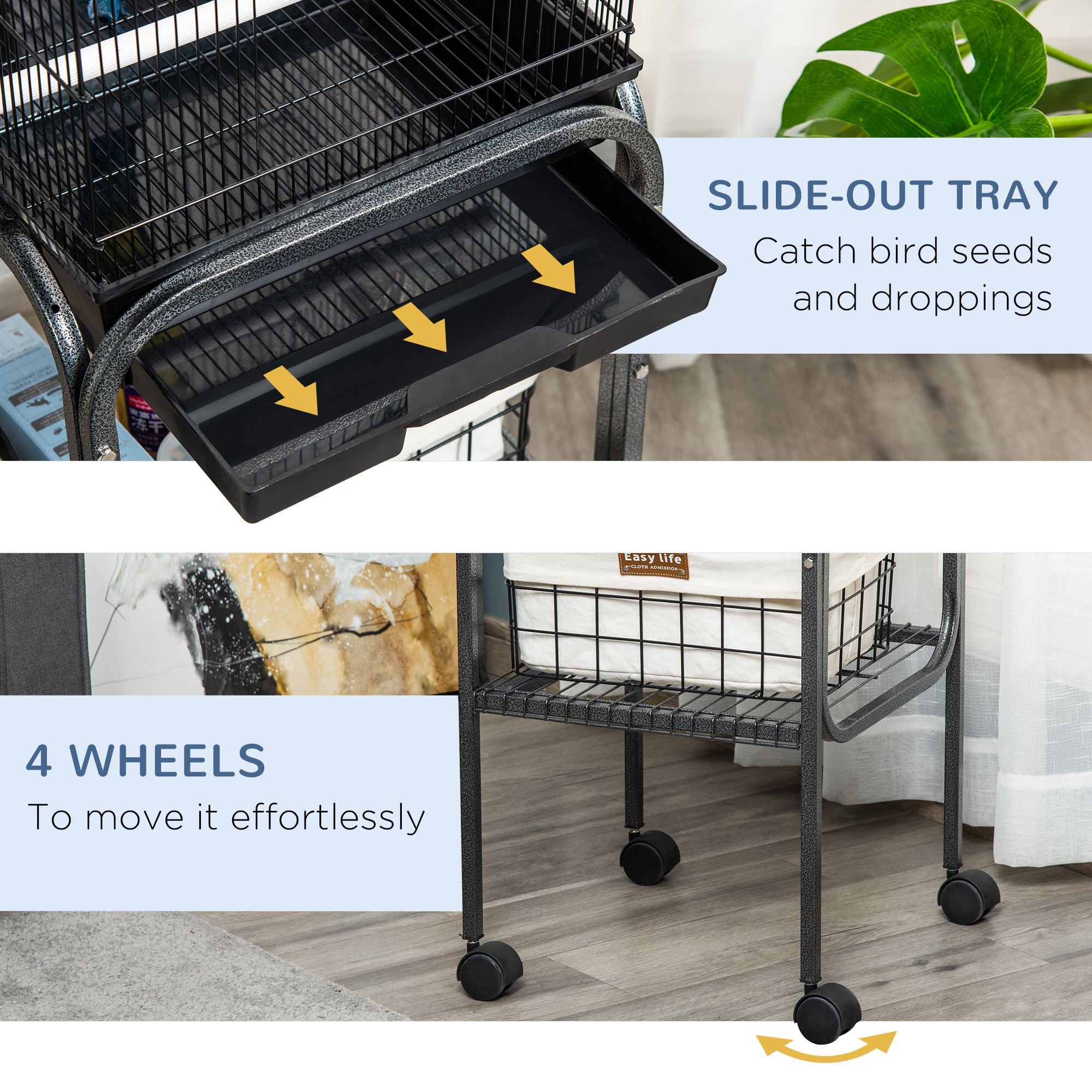 PawHut 44.5"H Metal Bird Cage Parrot Play Spot Stand with Wheel, Storage Shelf, Multi-doors - Black