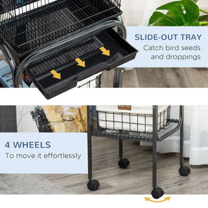 PawHut 44.5"H Metal Bird Cage Parrot Play Spot Stand with Wheel, Storage Shelf, Multi-doors - Black