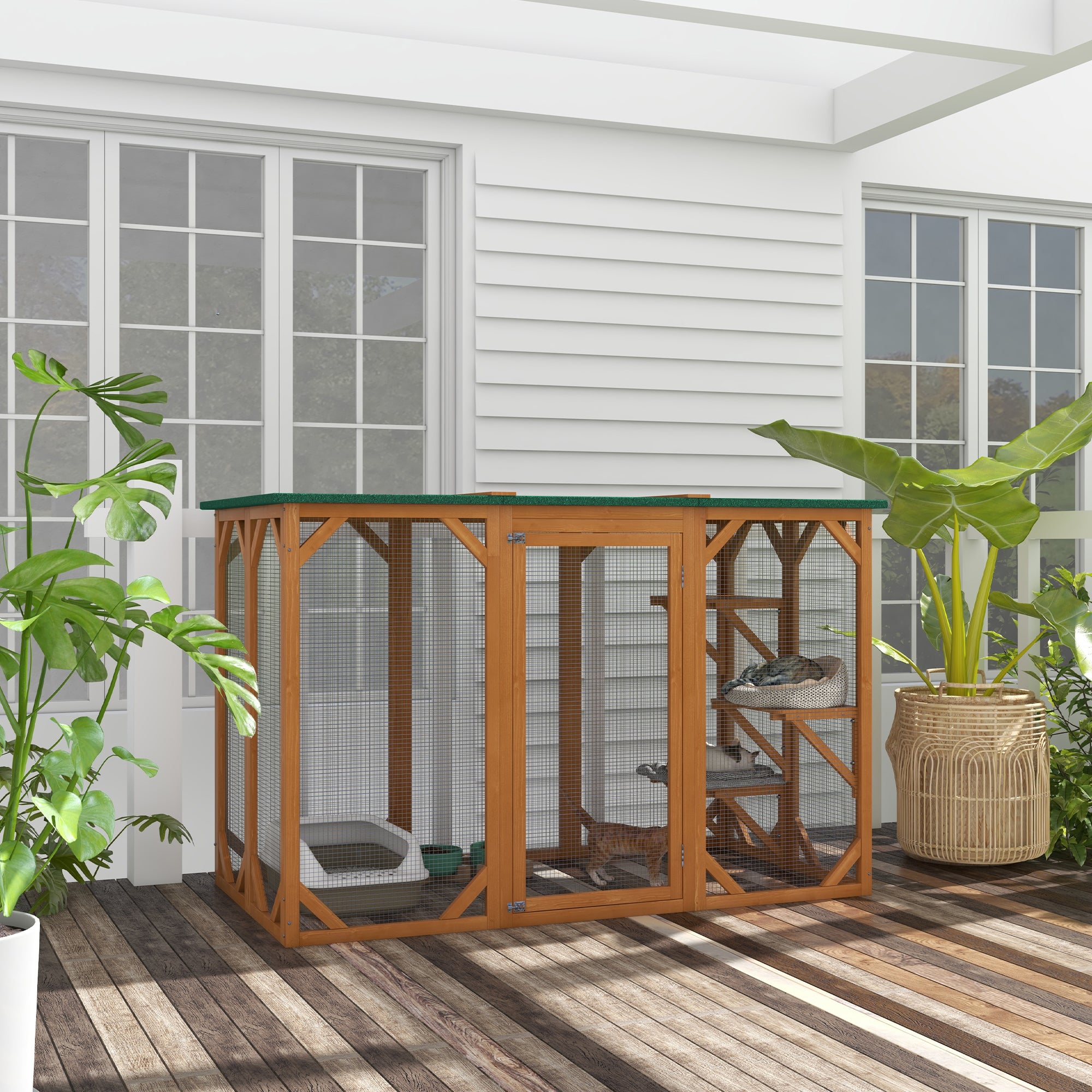 PawHut Cat Cage Indoor Catio Outdoor Cat Enclosure Pet House Small Animal Hutch for Rabbit, Kitten, Crate Kennel with Waterproof Roof, Multi-Level Platforms, Lock, Orange